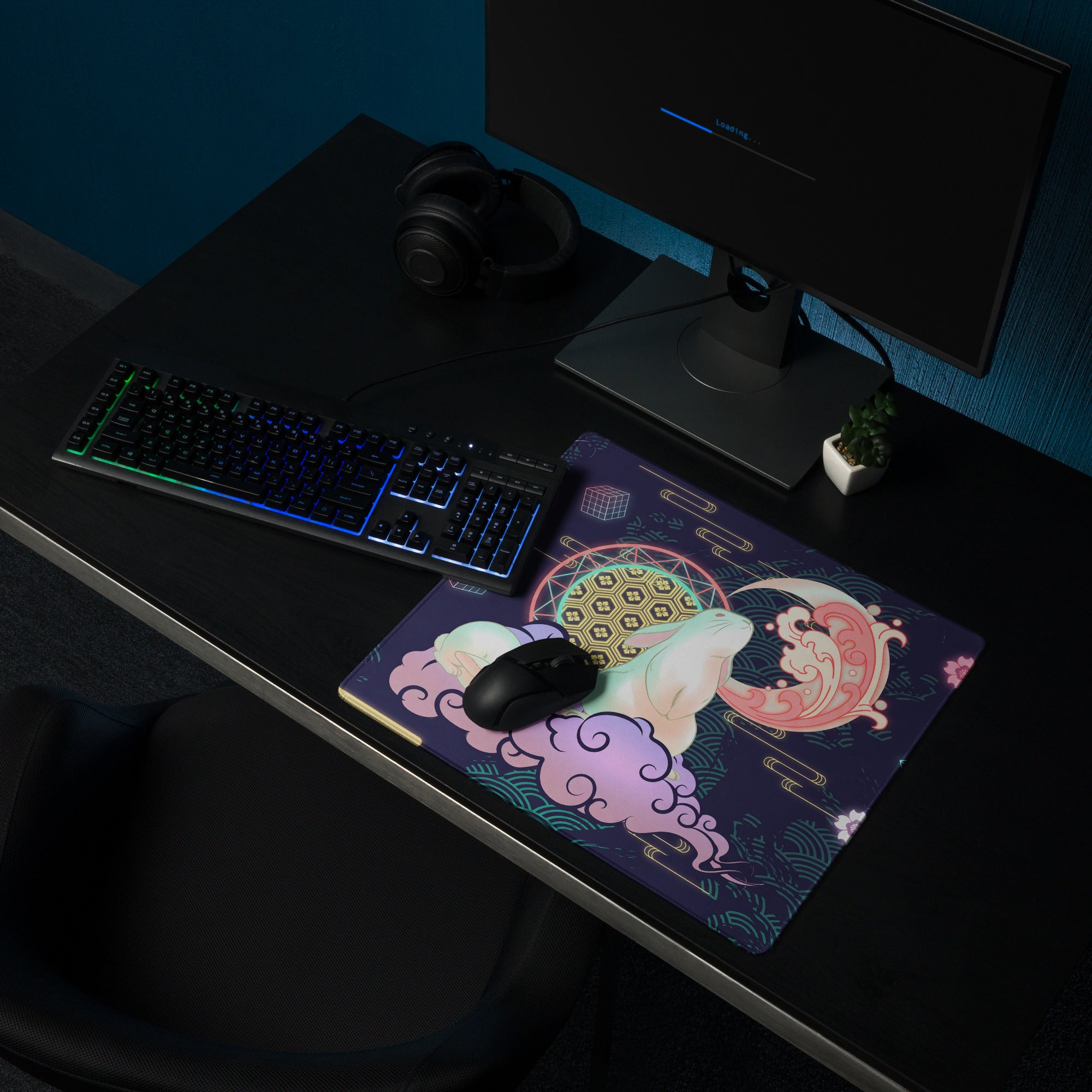 Neon Vaporwave Gaming Pad - Gaming Mouse Pad Navy Purple Desk Vaporwave Dreamy Neon Glow Synthwave Desk Mat Digital Art