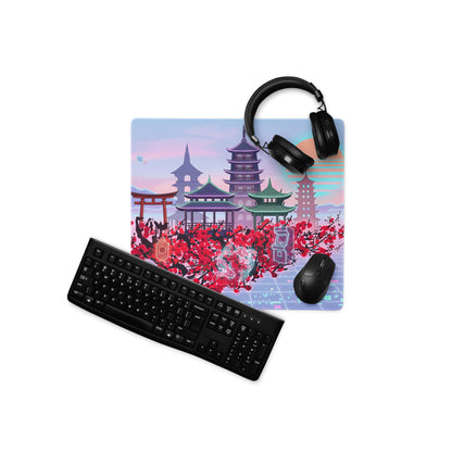 Pastel Vaporwave Pagoda Mouse Pad - Pagoda Scene Pink Purple Desk Vaporwave Dreamy Retro Neon Mouse Pad Digital Art