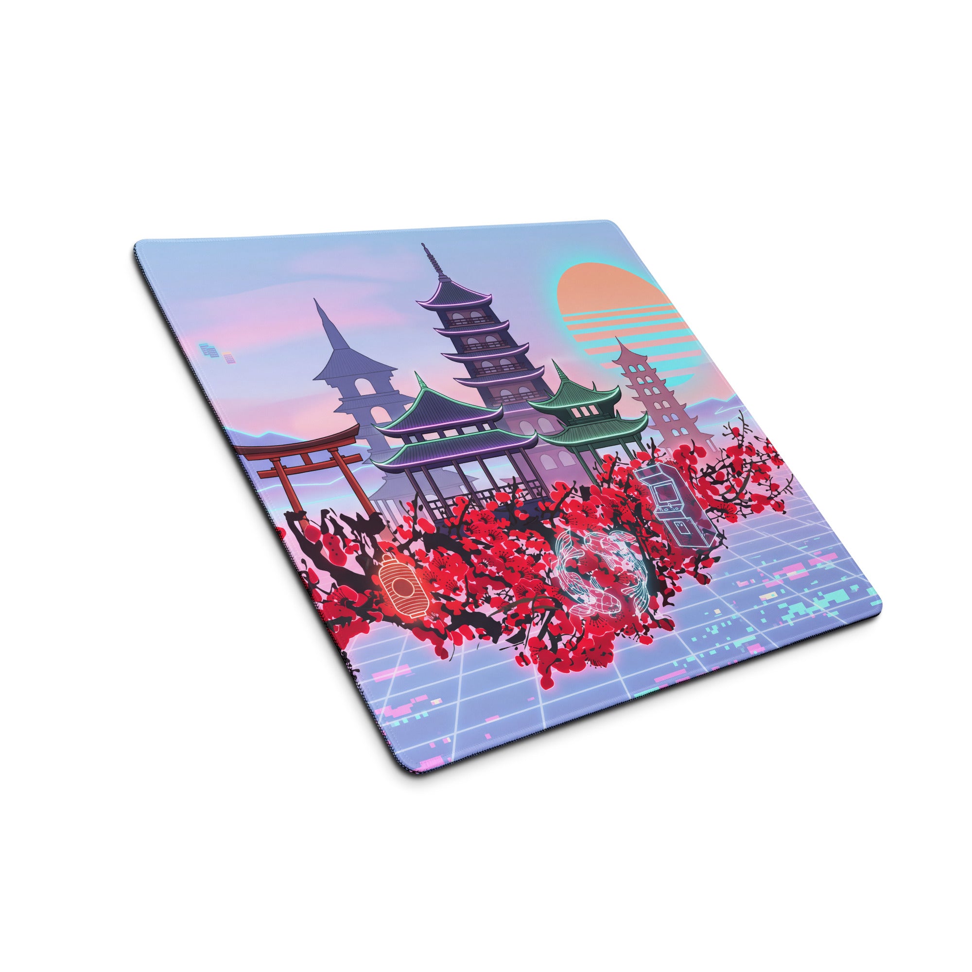 Pastel Vaporwave Pagoda Mouse Pad - Pagoda Scene Pink Purple Desk Vaporwave Dreamy Retro Neon Mouse Pad Digital Art