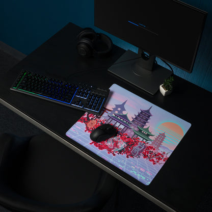 Pastel Vaporwave Pagoda Mouse Pad - Pagoda Scene Pink Purple Desk Vaporwave Dreamy Retro Neon Mouse Pad Digital Art