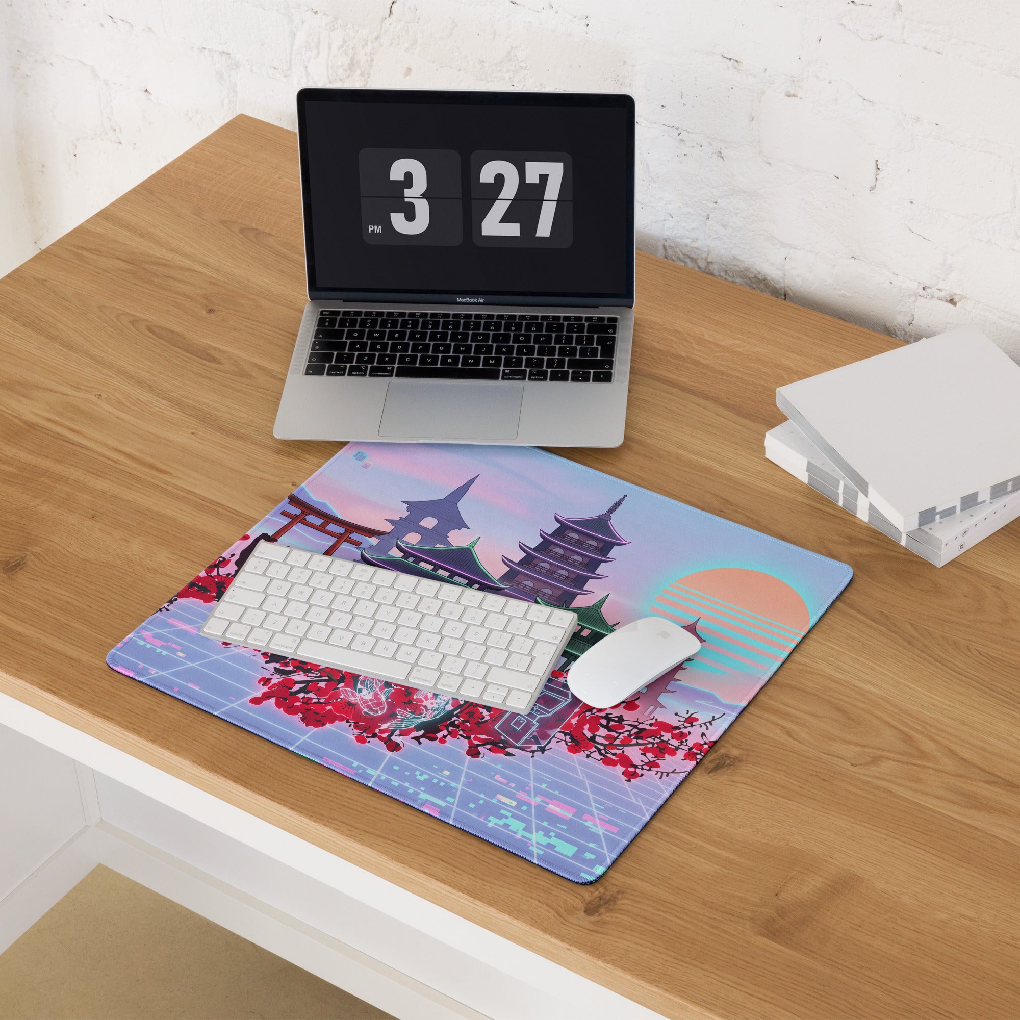 Pastel Vaporwave Pagoda Mouse Pad - Pagoda Scene Pink Purple Desk Vaporwave Dreamy Retro Neon Mouse Pad Digital Art
