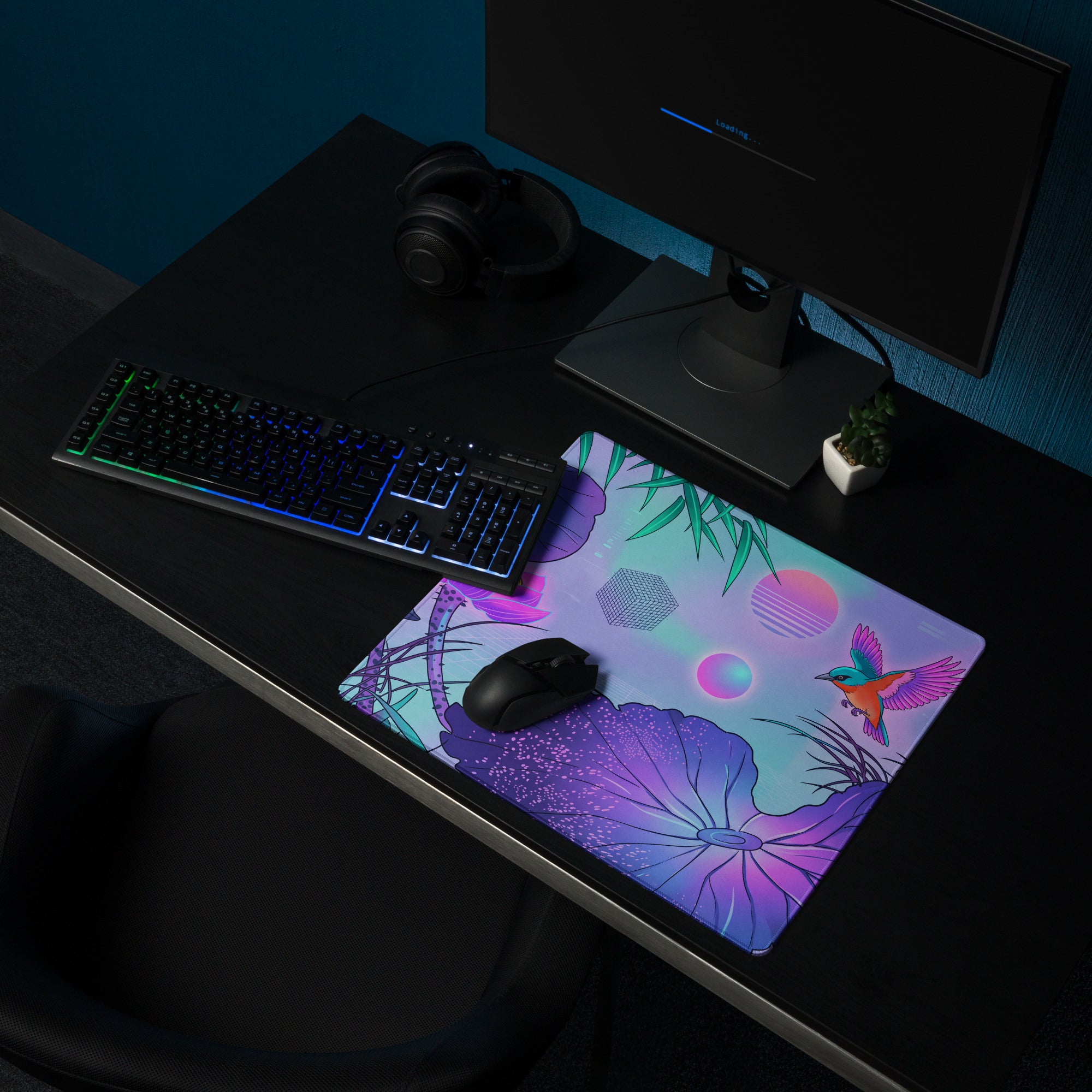 Vaporwave Neon Lotus Mouse Pad - Gaming Mouse Pad Blue Purple Pink Desktop Vaporwave Dreamy Mood Neon Decor Digital