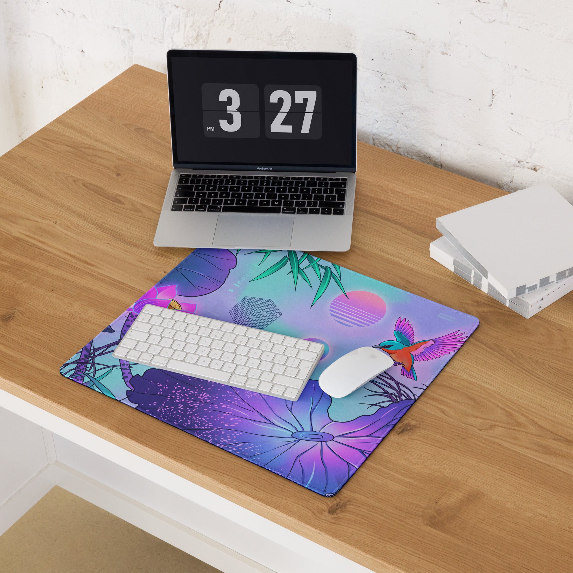 Vaporwave Neon Lotus Mouse Pad - Gaming Mouse Pad Blue Purple Pink Desktop Vaporwave Dreamy Mood Neon Decor Digital
