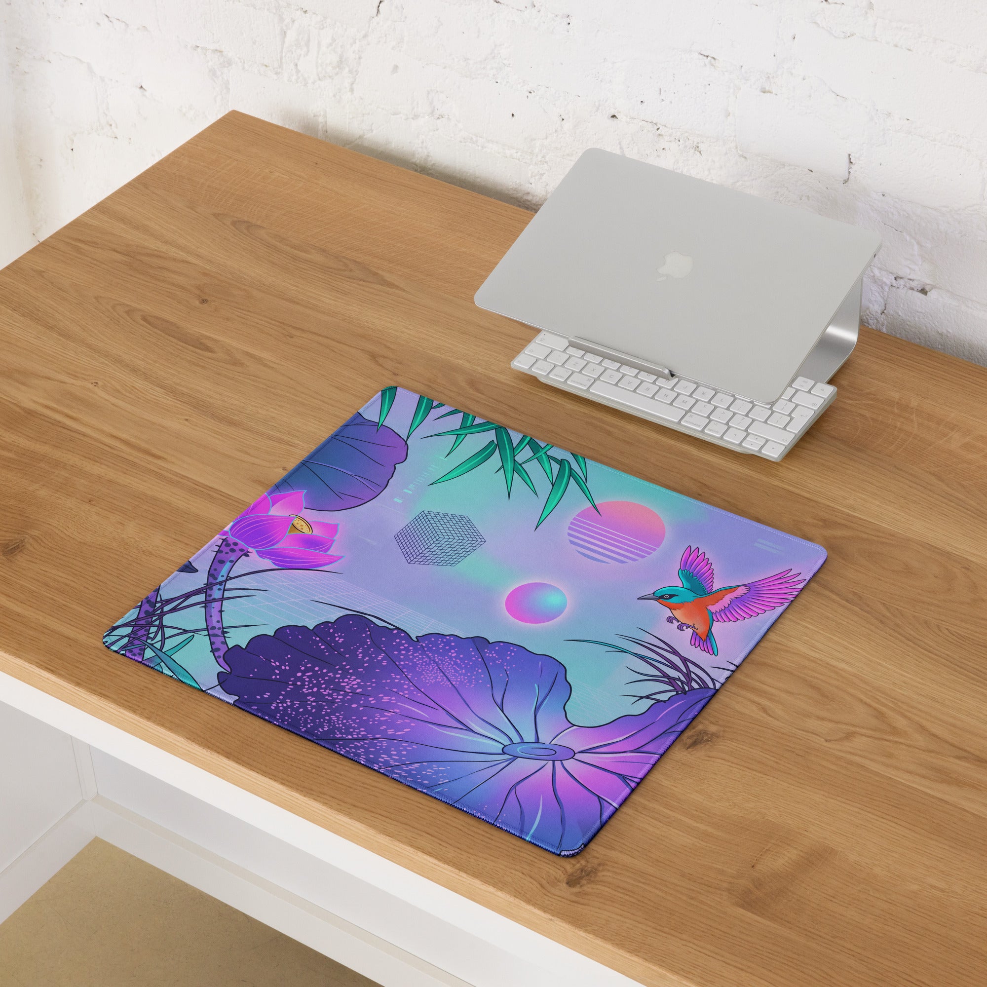Vaporwave Neon Lotus Mouse Pad - Gaming Mouse Pad Blue Purple Pink Desktop Vaporwave Dreamy Mood Neon Decor Digital