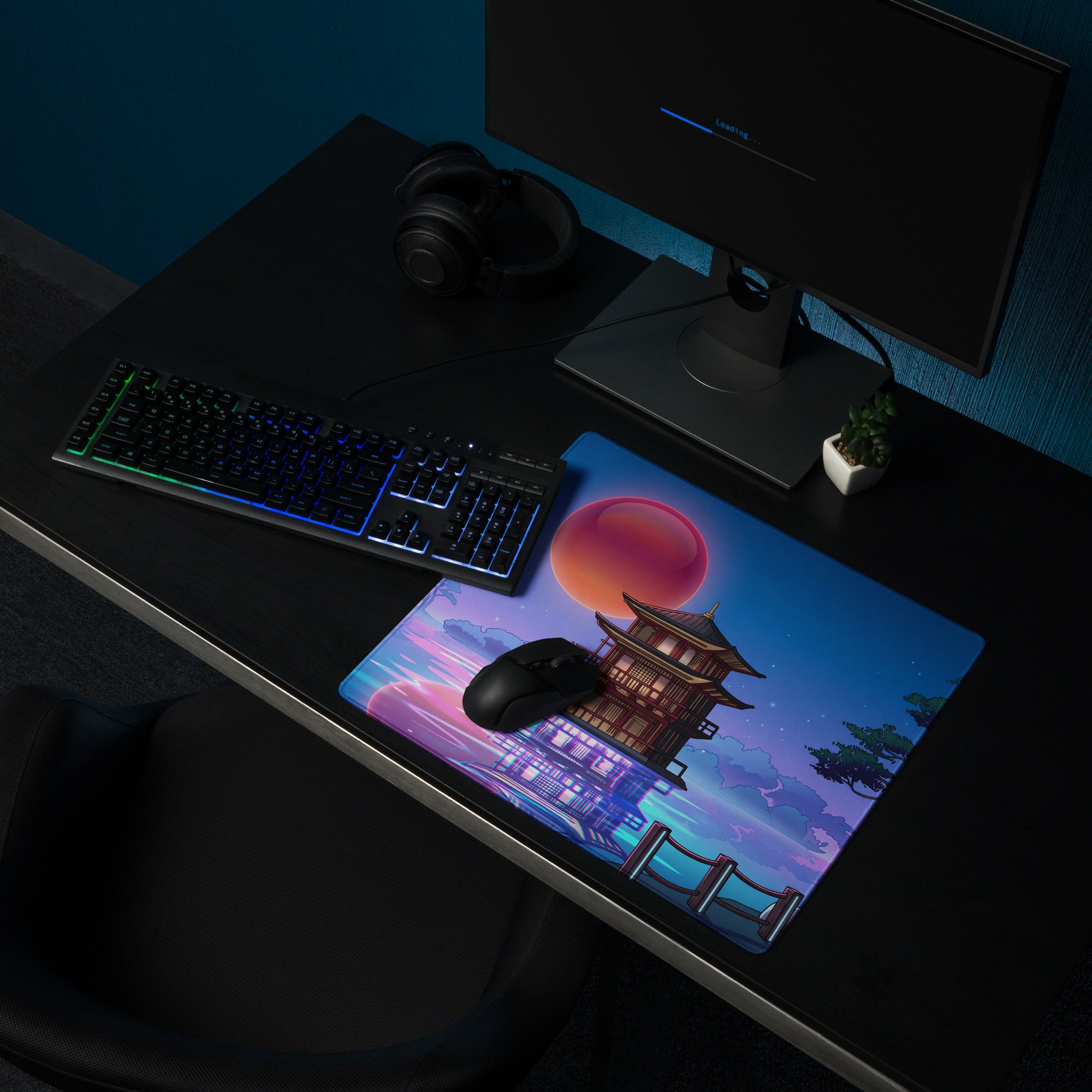 Vaporwave Pagoda Mouse Pad - Mouse Pad Blue Pink Purple Desk Vaporwave Dreamy Retro Futurism Gaming Mat Digital Art
