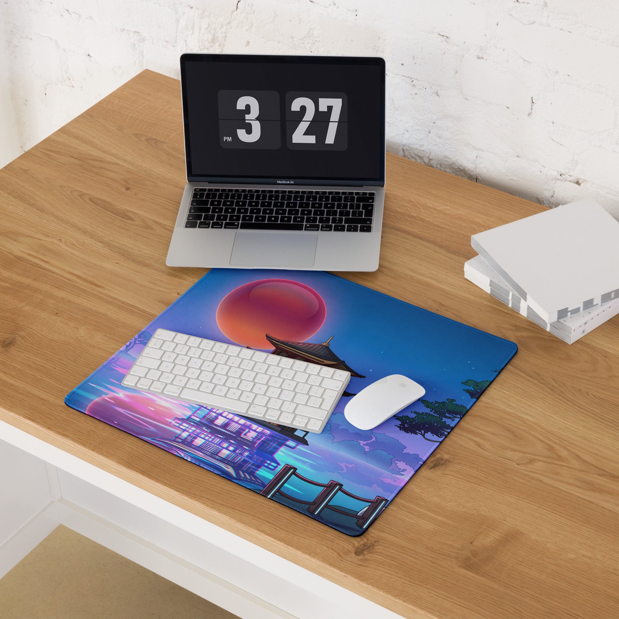 Vaporwave Pagoda Mouse Pad - Mouse Pad Blue Pink Purple Desk Vaporwave Dreamy Retro Futurism Gaming Mat Digital Art