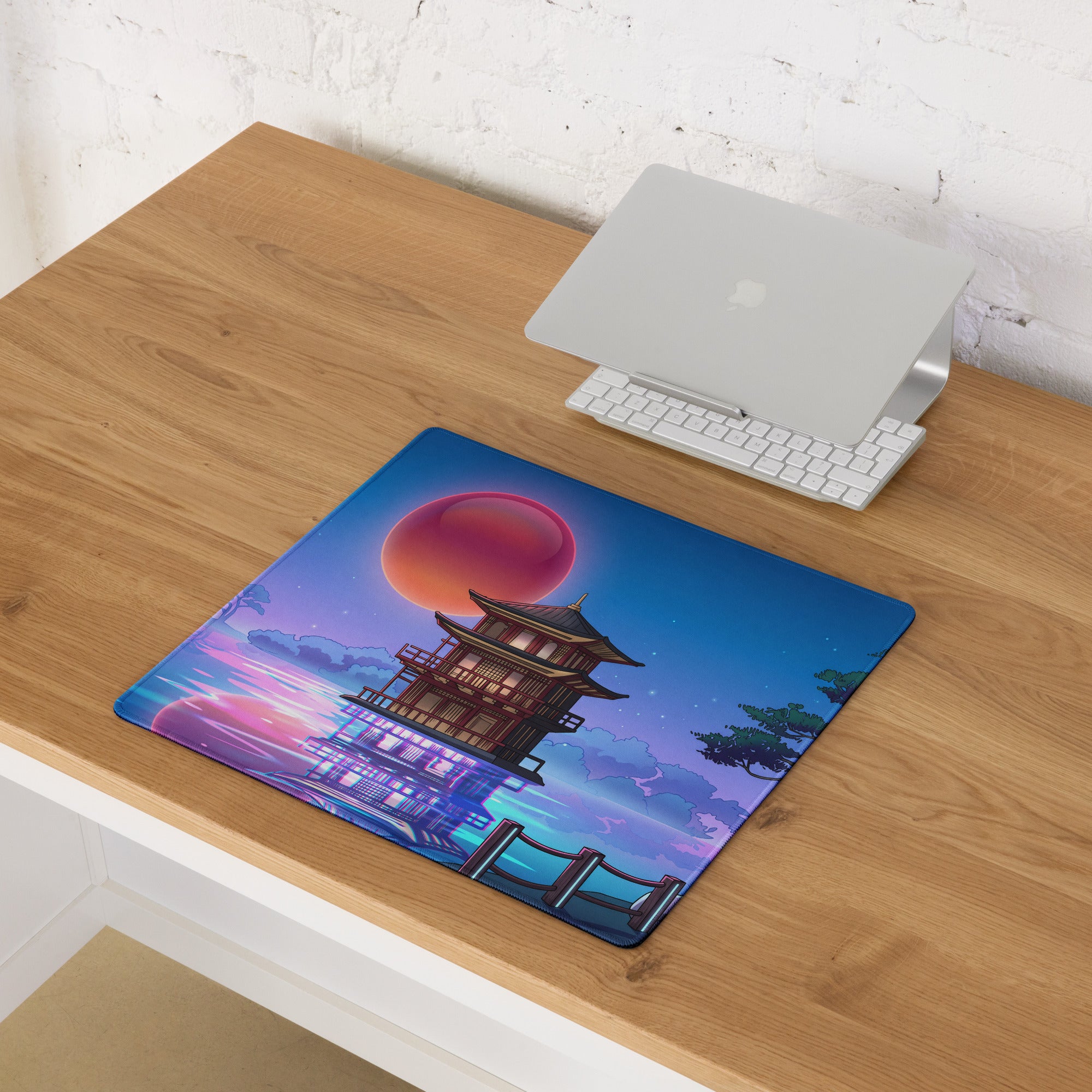 Vaporwave Pagoda Mouse Pad - Mouse Pad Blue Pink Purple Desk Vaporwave Dreamy Retro Futurism Gaming Mat Digital Art