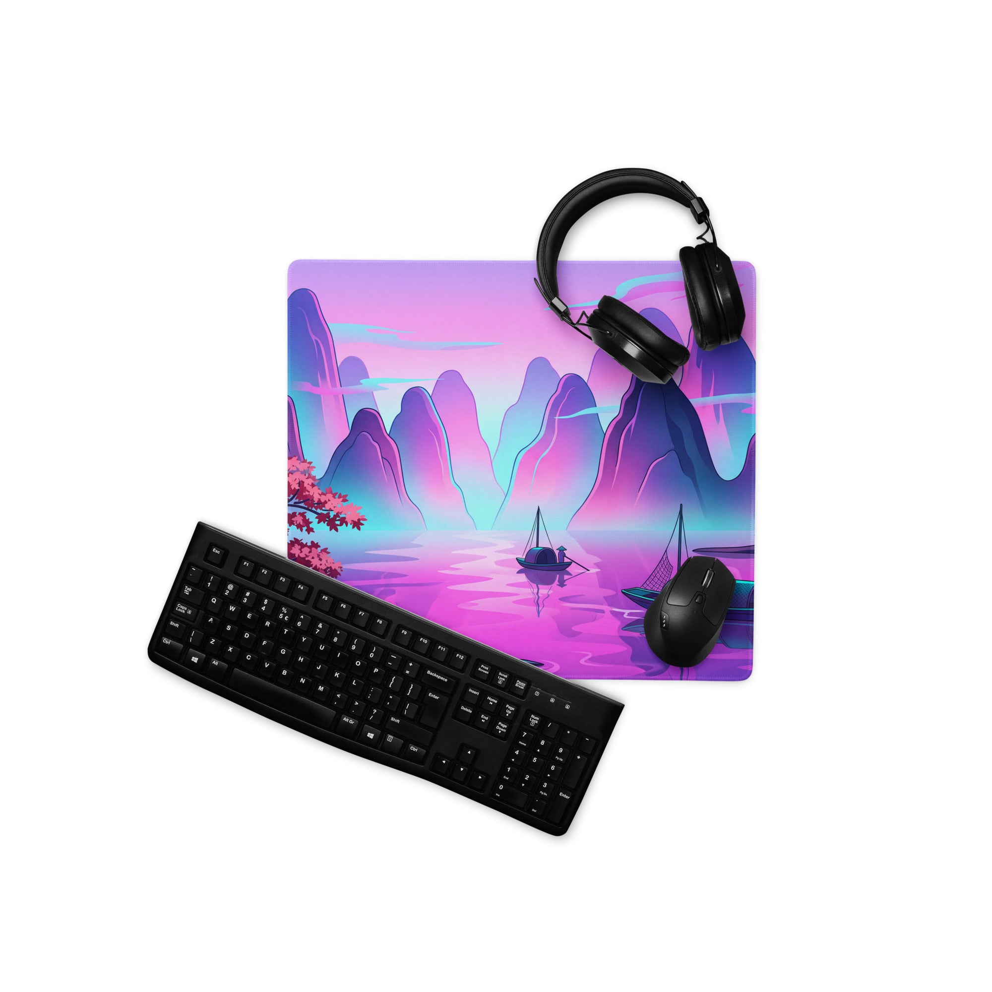 Vaporwave Mountain Desk Pad - Mountain Vaporwave Desk Pad Purple Pink - Dreamy Mood Neon Decor Gamer Desk