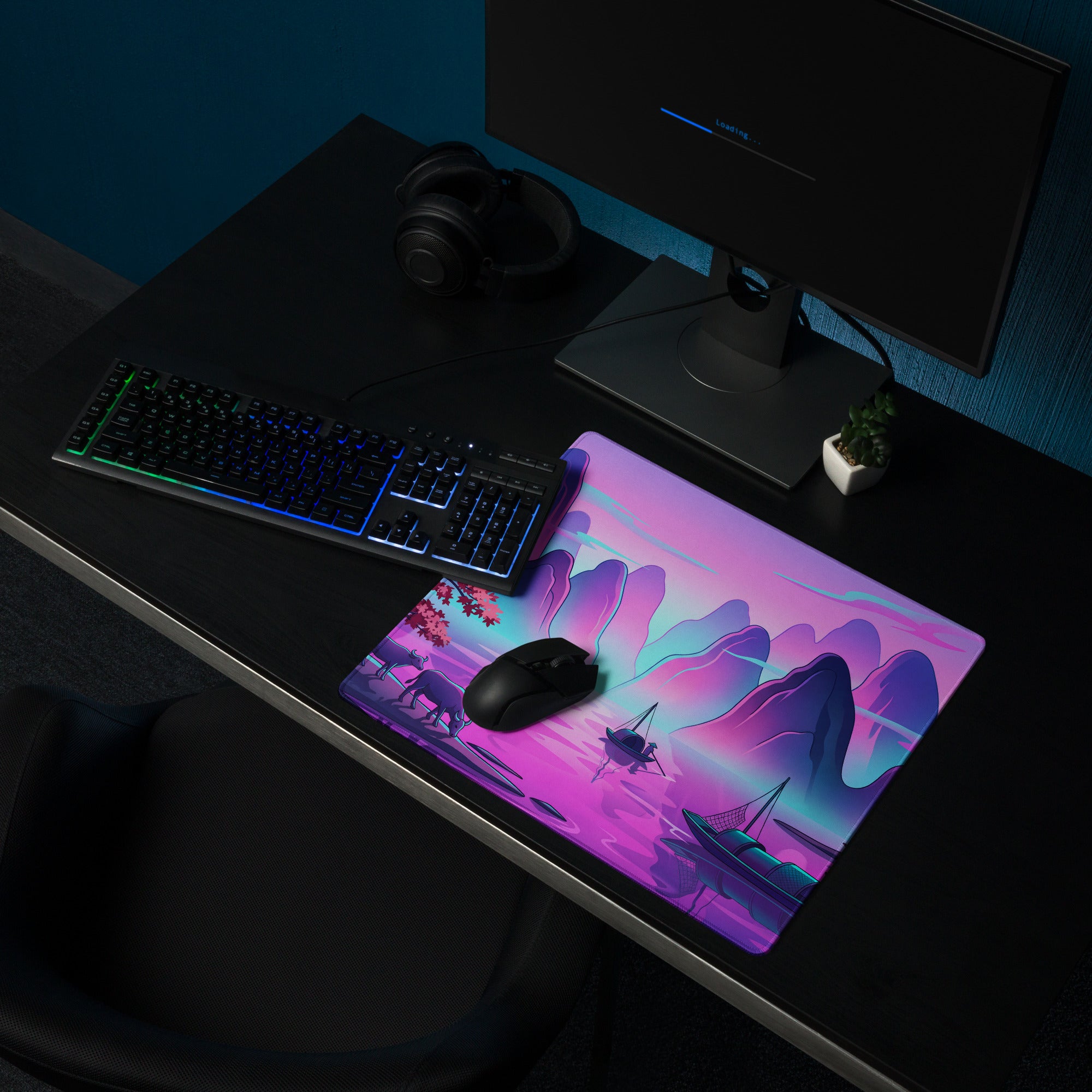 Vaporwave Mountain Desk Pad - Mountain Vaporwave Desk Pad Purple Pink - Dreamy Mood Neon Decor Gamer Desk