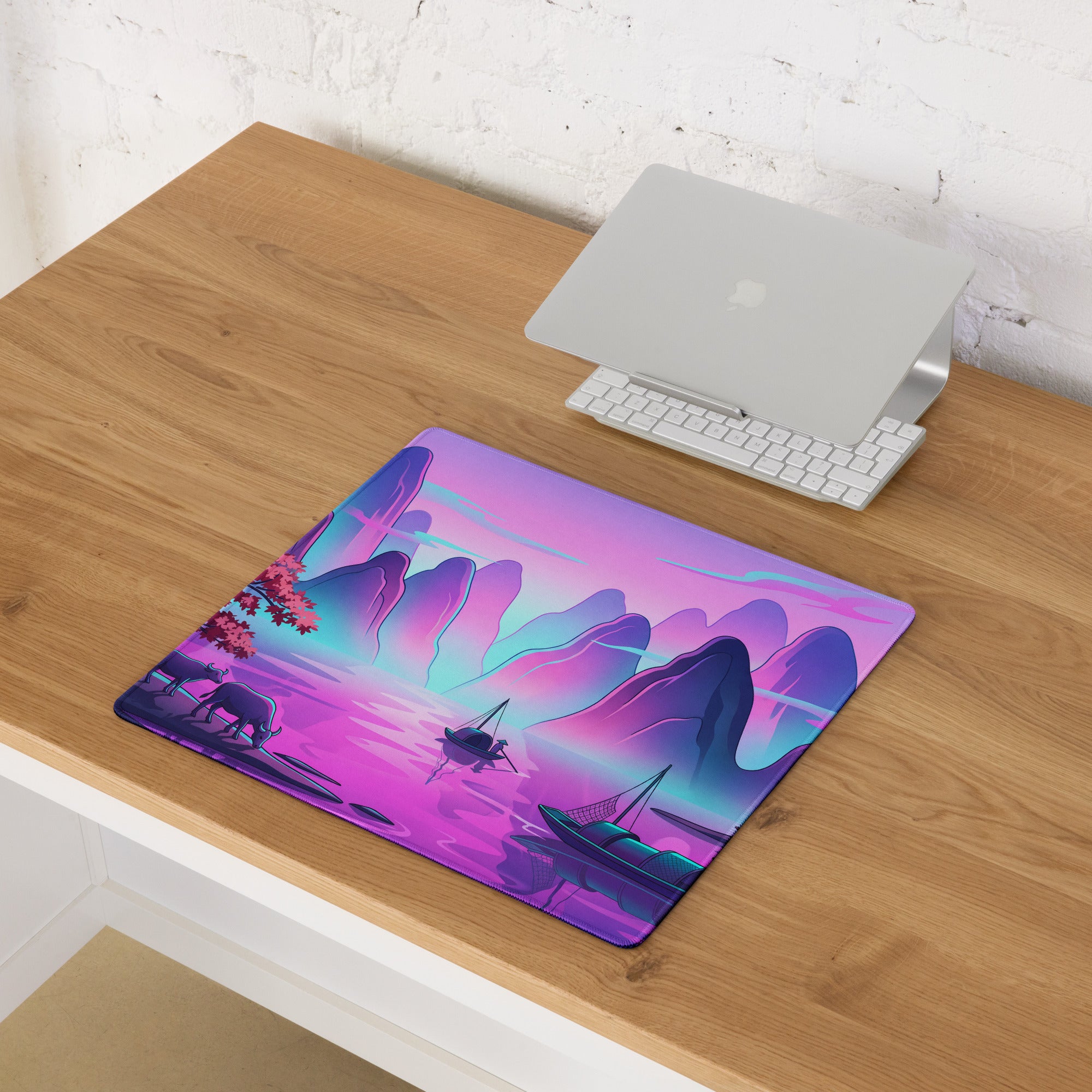 Vaporwave Mountain Desk Pad - Mountain Vaporwave Desk Pad Purple Pink - Dreamy Mood Neon Decor Gamer Desk