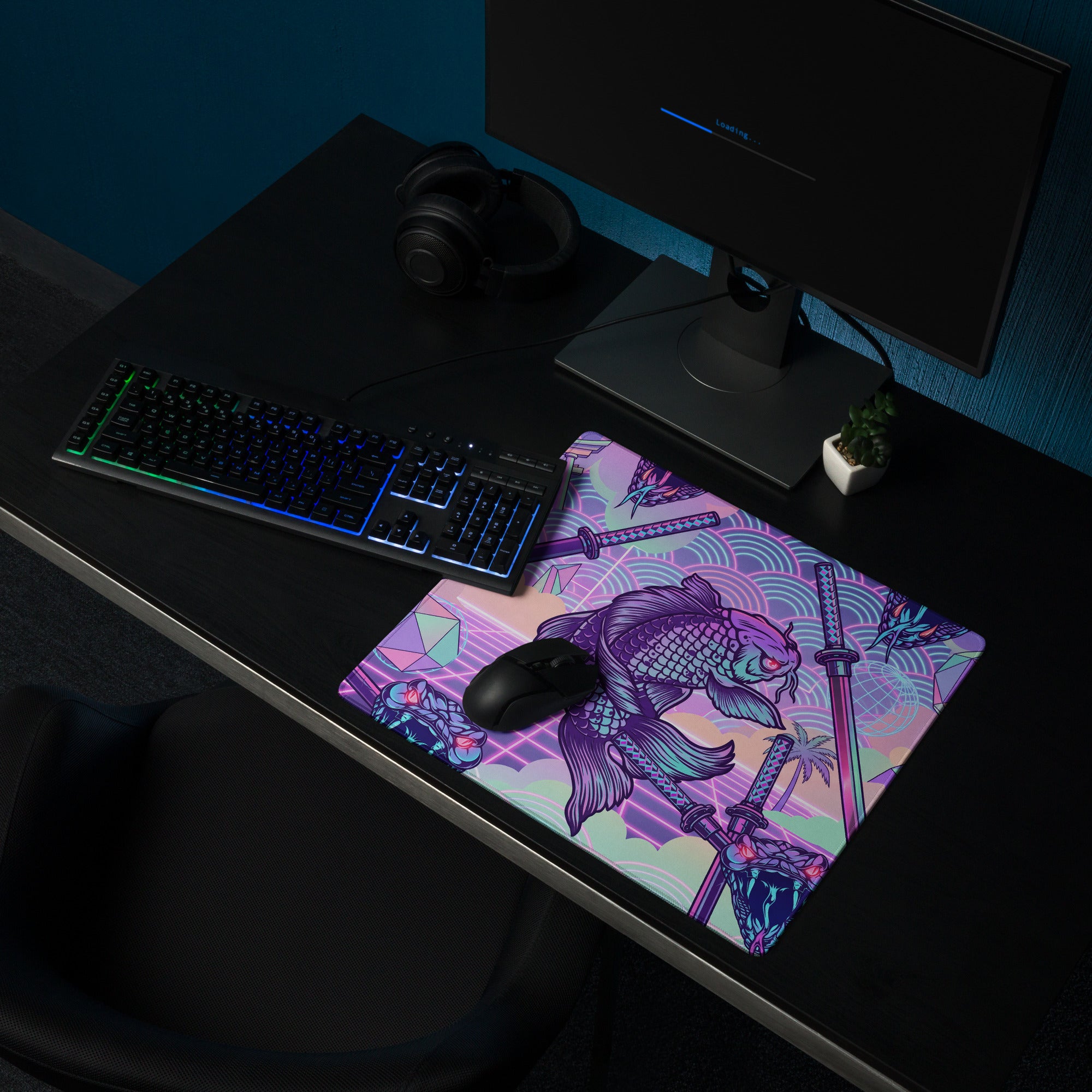 Vaporwave Neon Dragon Desk Pad - Dragon Purple Pink Teal Gaming Desk Vaporwave Surreal Retro Pastel Digital