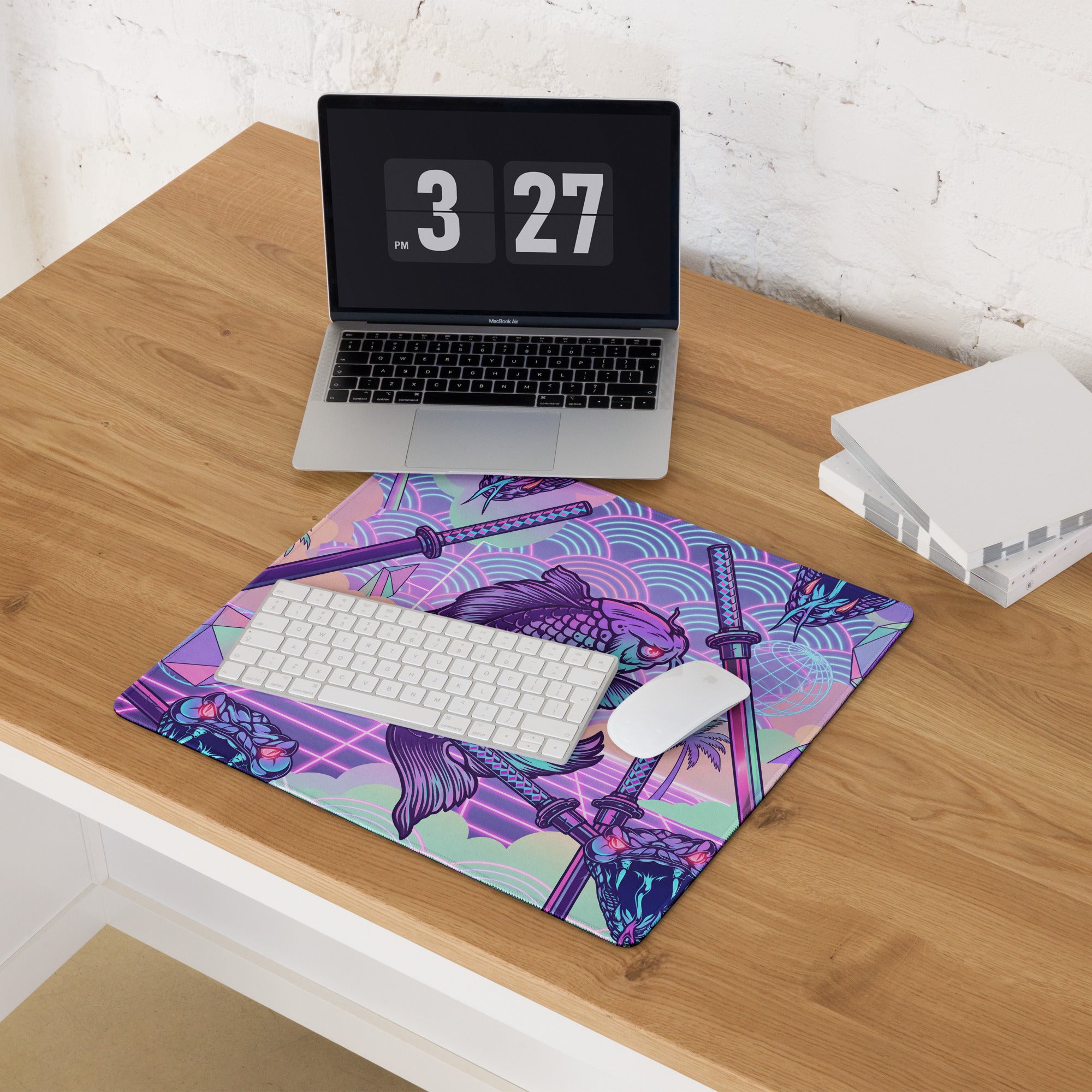 Vaporwave Neon Dragon Desk Pad - Dragon Purple Pink Teal Gaming Desk Vaporwave Surreal Retro Pastel Digital
