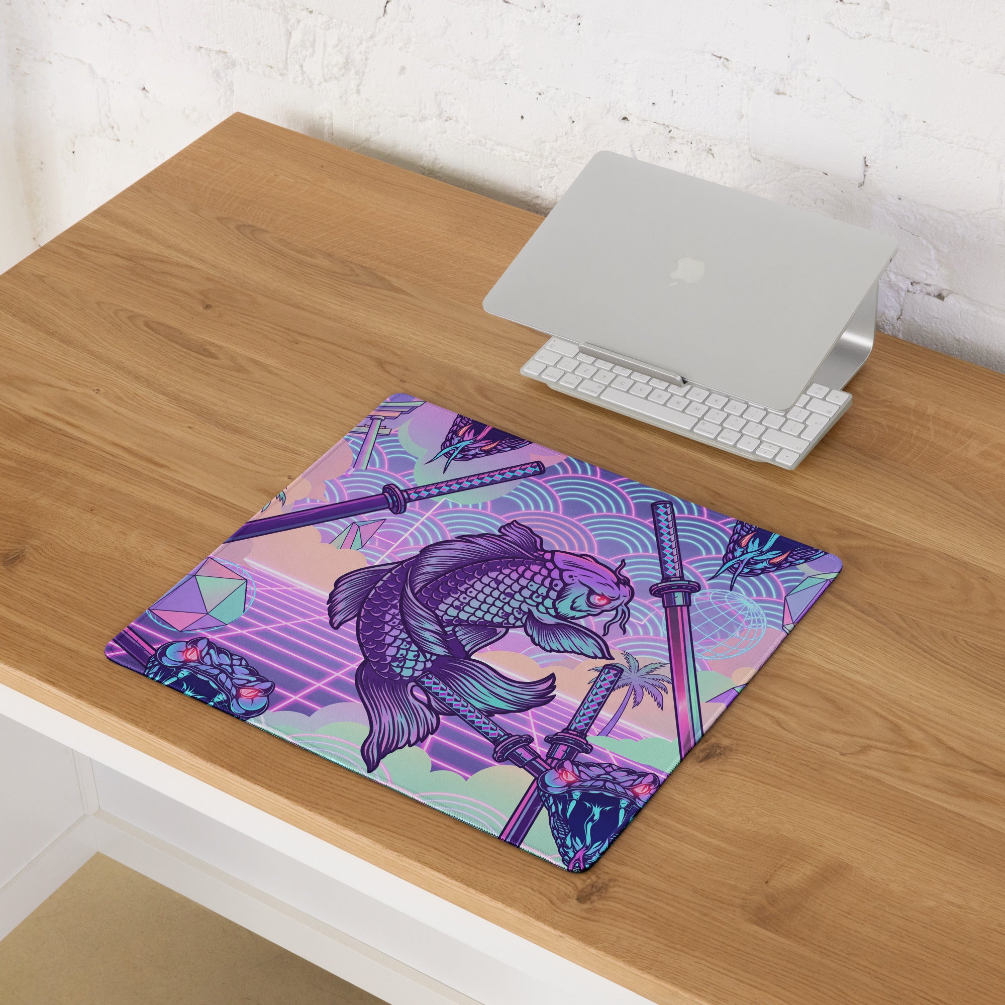 Vaporwave Neon Dragon Desk Pad - Dragon Purple Pink Teal Gaming Desk Vaporwave Surreal Retro Pastel Digital