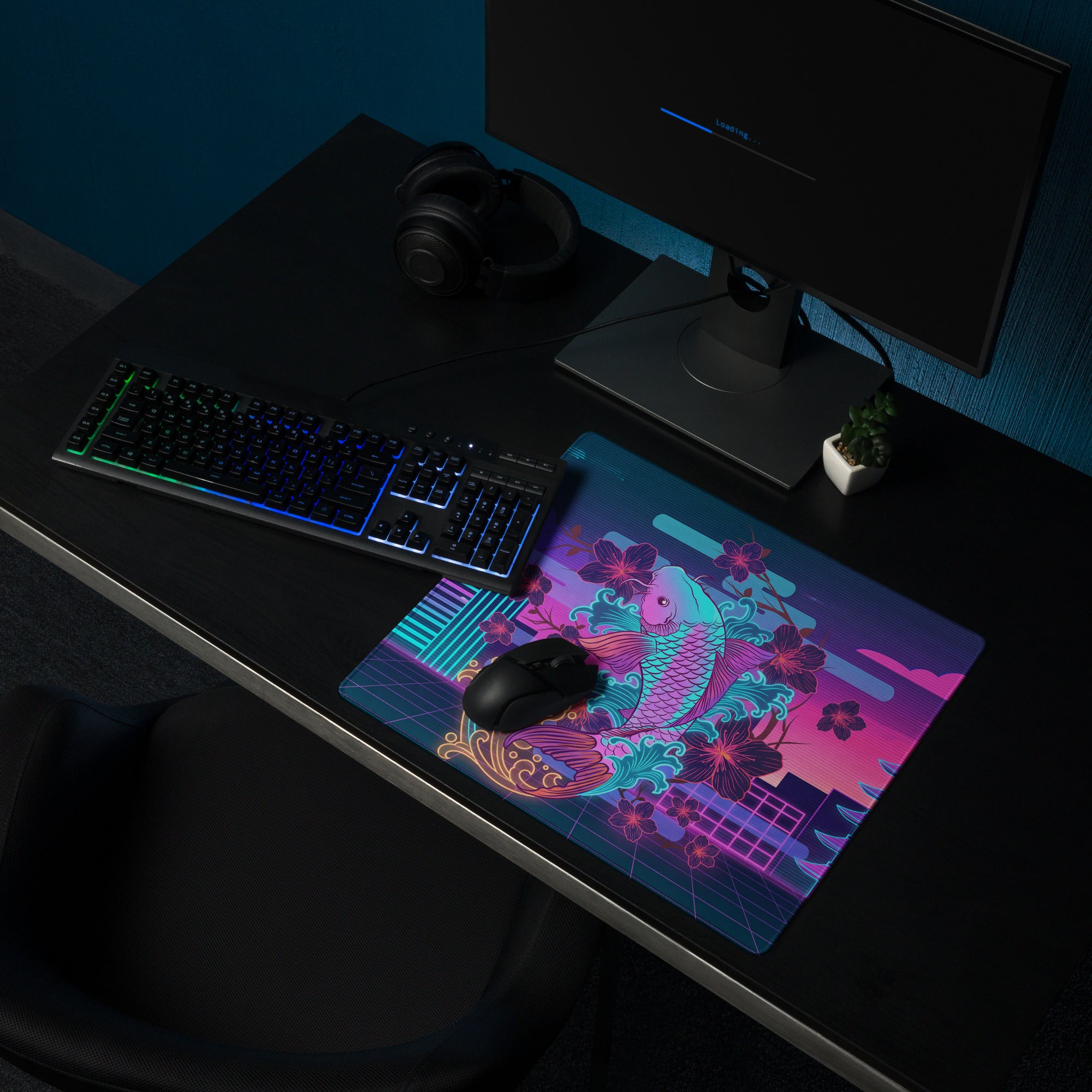 Vaporwave Neon Koi Mouse Pad - Mouse Pad Neon Purple Pink Blue Desk Vaporwave Dreamy Neon Decor Koi City Digital Art