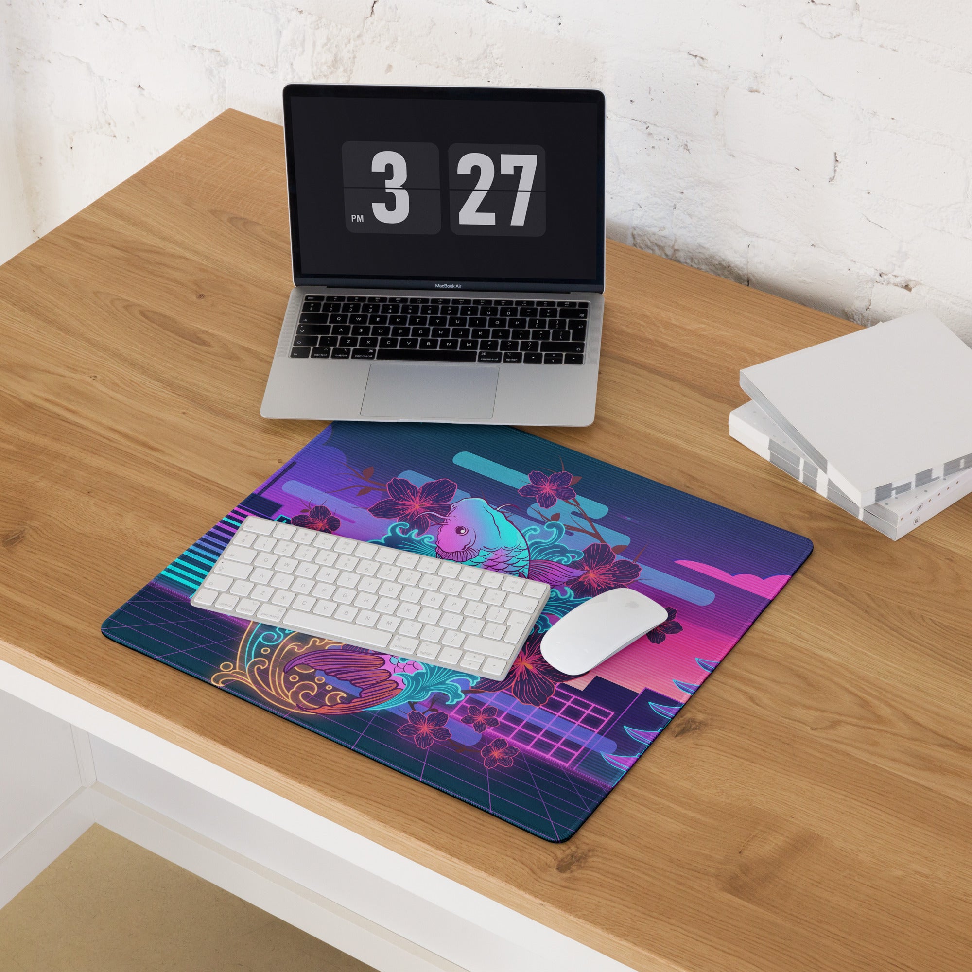 Vaporwave Neon Koi Mouse Pad - Mouse Pad Neon Purple Pink Blue Desk Vaporwave Dreamy Neon Decor Koi City Digital Art