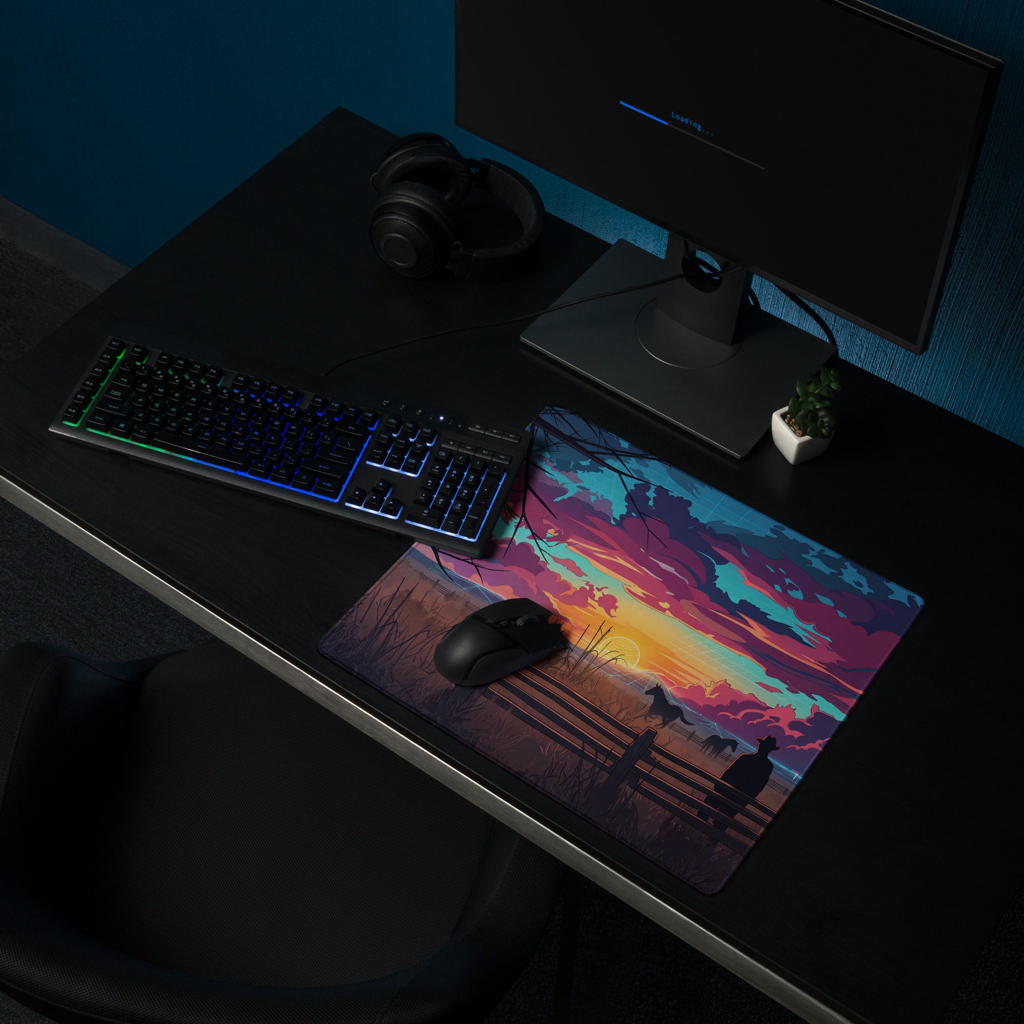 Vaporwave Sunset Horse Desk Mat - Sunset Horse Blue Purple Pink Desk Vaporwave Dreamy Neon Mood, Retro Decor, Mouse Pad