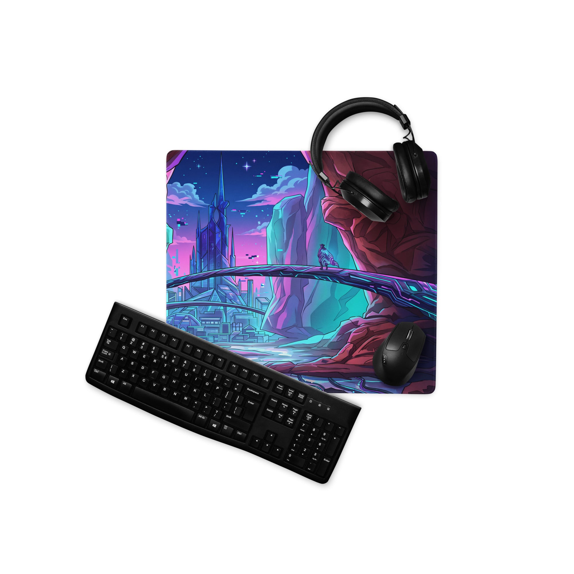 Neon Vaporwave Cityscape Mouse Pad - Mouse Pad Neon Purple Cityscape Dreamy Neon Mood Cyberpunk Desk Illustration