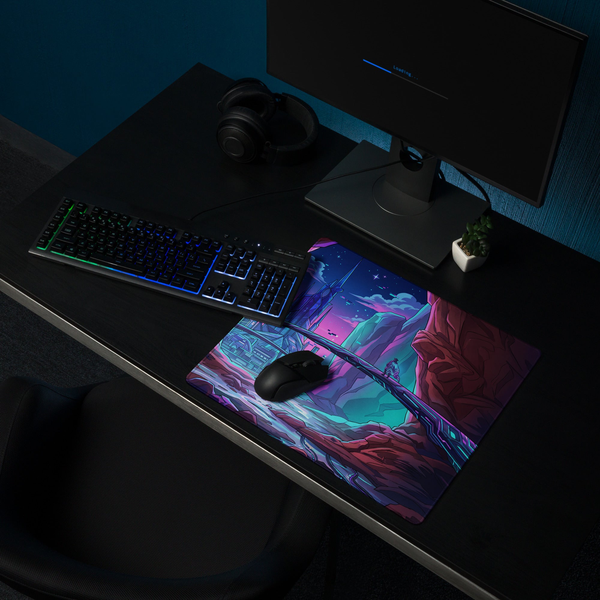 Neon Vaporwave Cityscape Mouse Pad - Mouse Pad Neon Purple Cityscape Dreamy Neon Mood Cyberpunk Desk Illustration