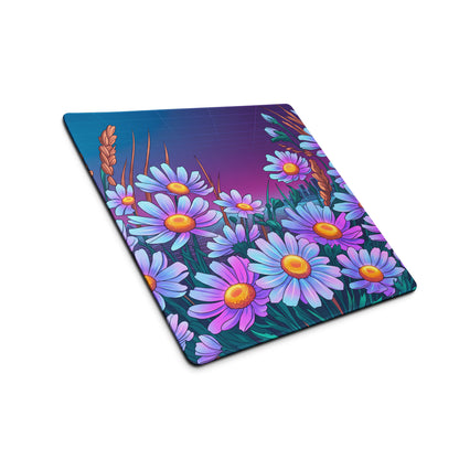 Vaporwave Floral Neon Mouse Pad - Daisies Purple Blue Neon Desk Vaporwave Vibrant Retro Synthwave Floral Desk Pad