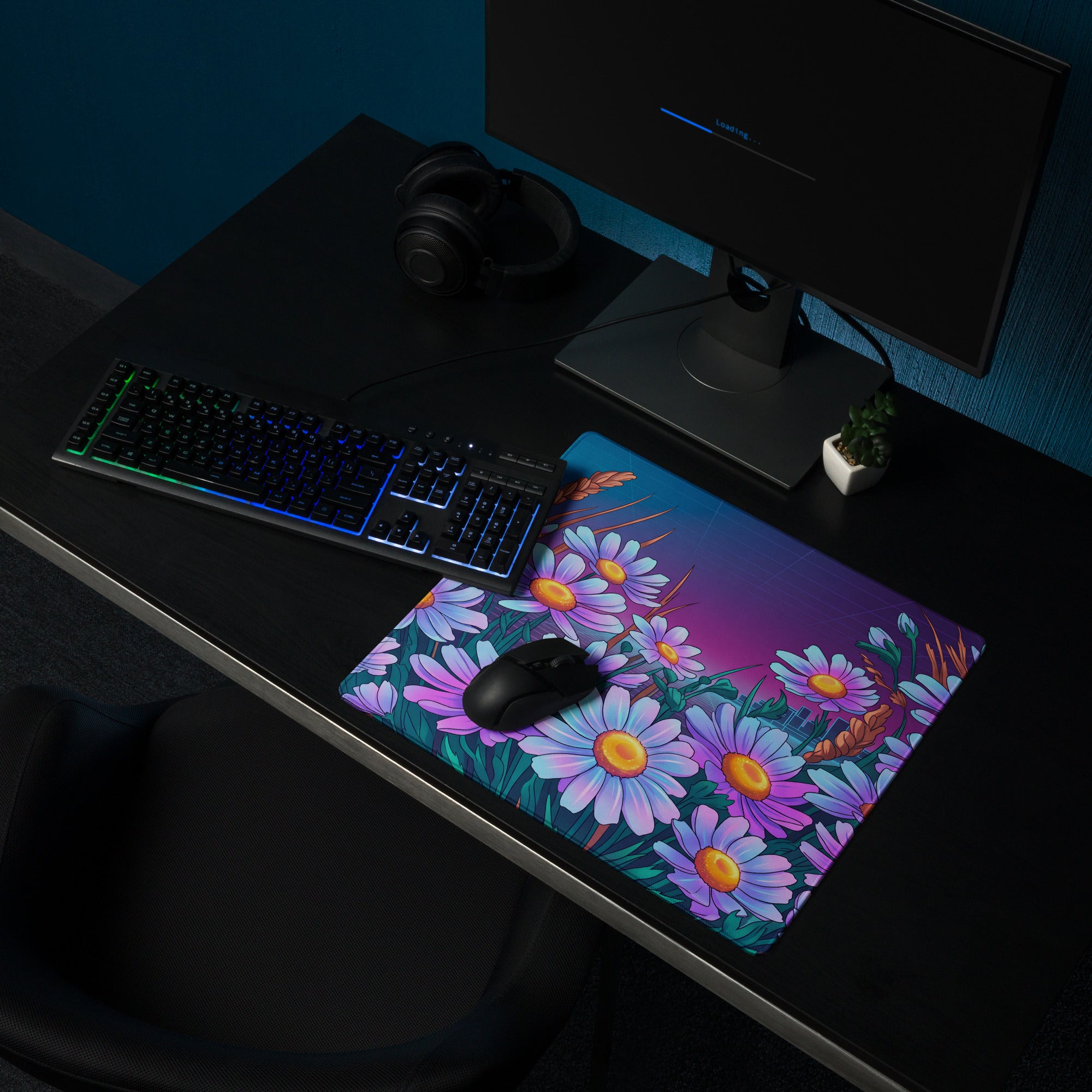 Vaporwave Floral Neon Mouse Pad - Daisies Purple Blue Neon Desk Vaporwave Vibrant Retro Synthwave Floral Desk Pad