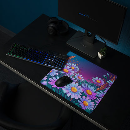 Vaporwave Floral Neon Mouse Pad - Daisies Purple Blue Neon Desk Vaporwave Vibrant Retro Synthwave Floral Desk Pad