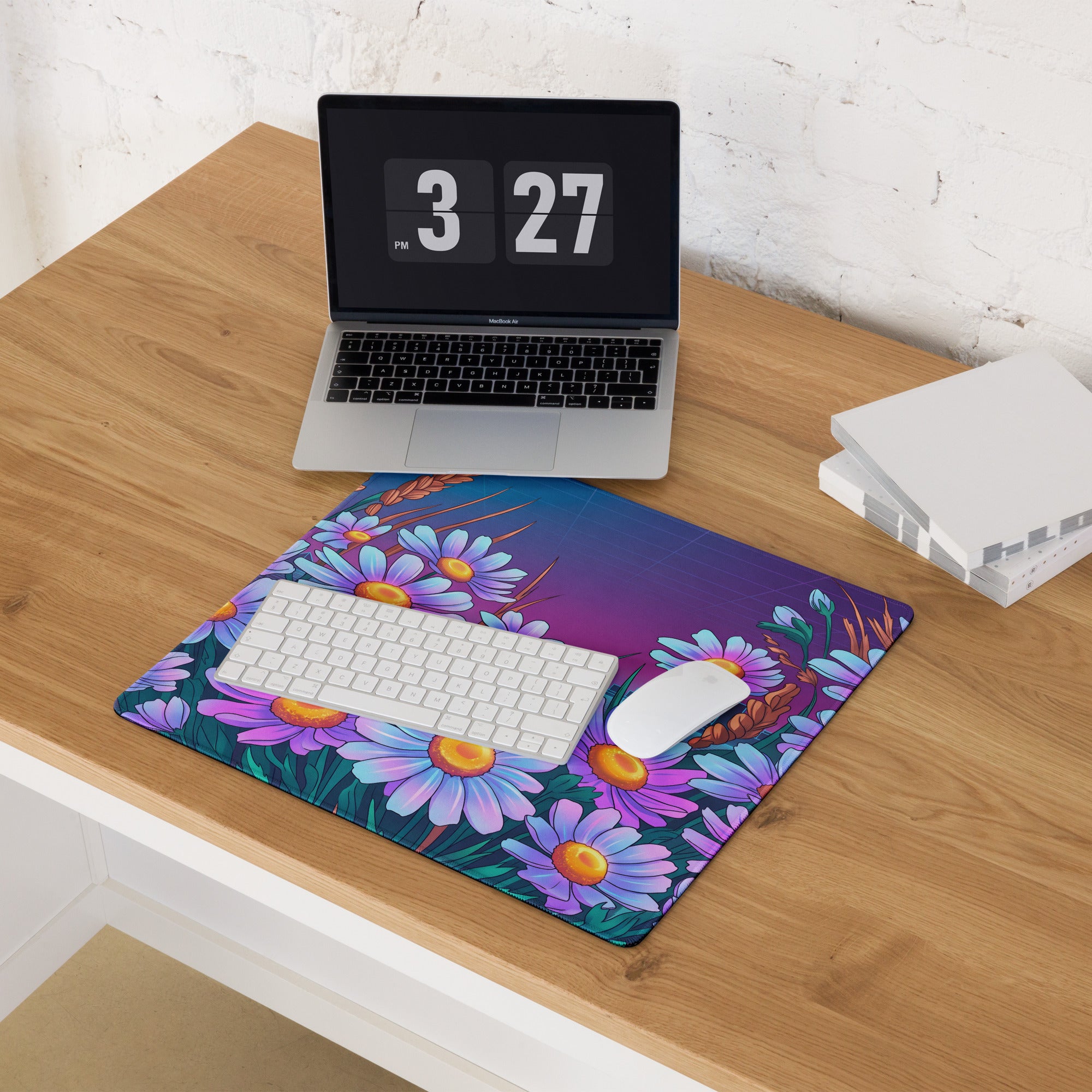 Vaporwave Floral Neon Mouse Pad - Daisies Purple Blue Neon Desk Vaporwave Vibrant Retro Synthwave Floral Desk Pad