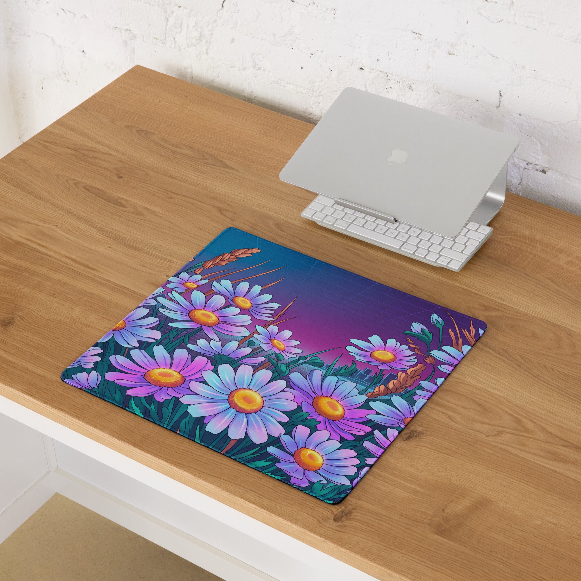 Vaporwave Floral Neon Mouse Pad - Daisies Purple Blue Neon Desk Vaporwave Vibrant Retro Synthwave Floral Desk Pad
