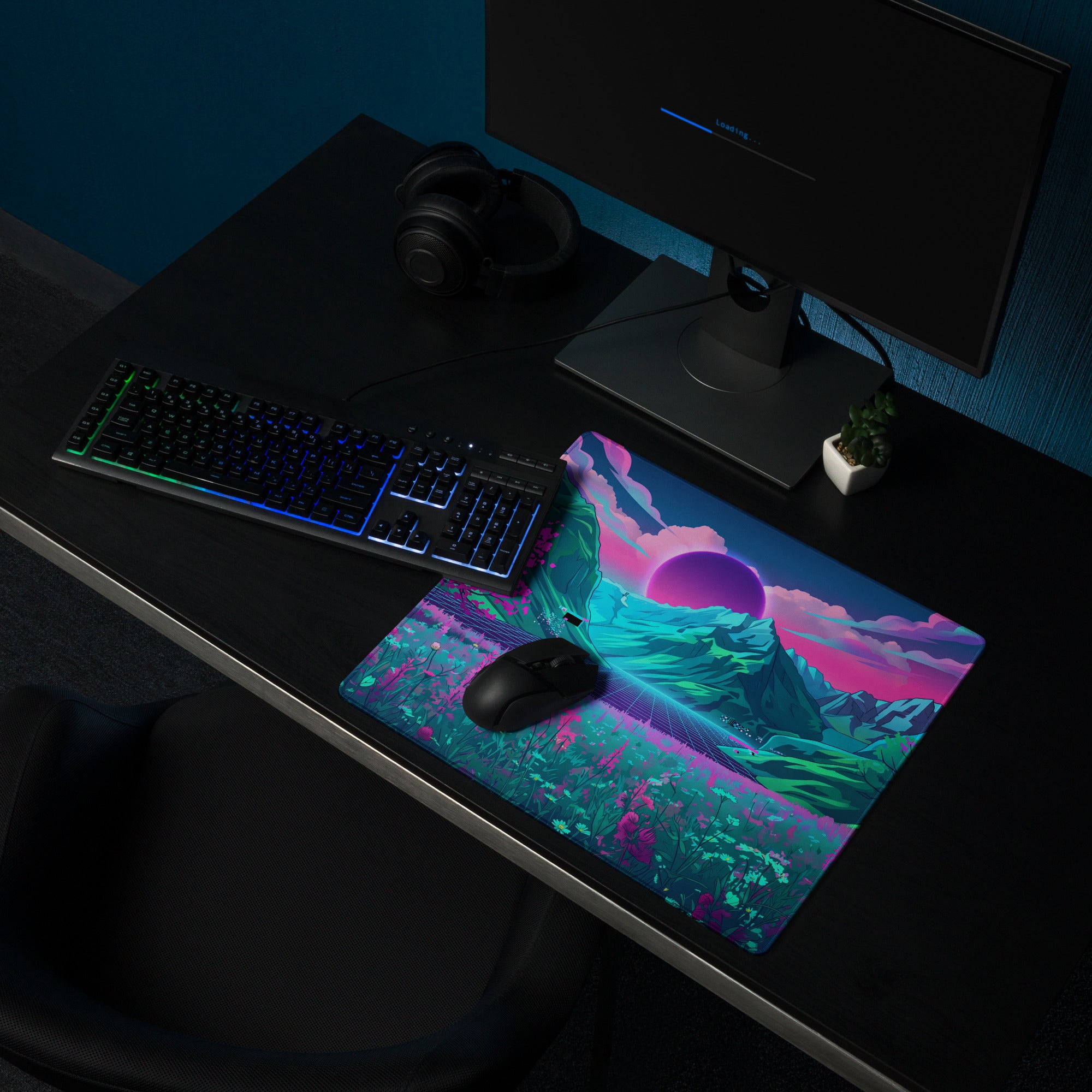 Vaporwave Neon Mountain Mouse Pad - Vaporwave Scene Neon Purple Desk Futurism Dreamy Neon Cyberpunk Desk Mat Digital