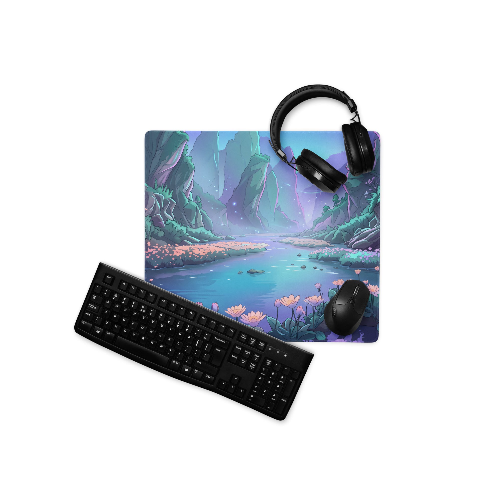 Vaporwave Oasis Gaming Mouse Pad - Fantasy Landscape Purple Teal Desk Vaporwave Dreamy Mood Vaporwave Aesthetic Digital