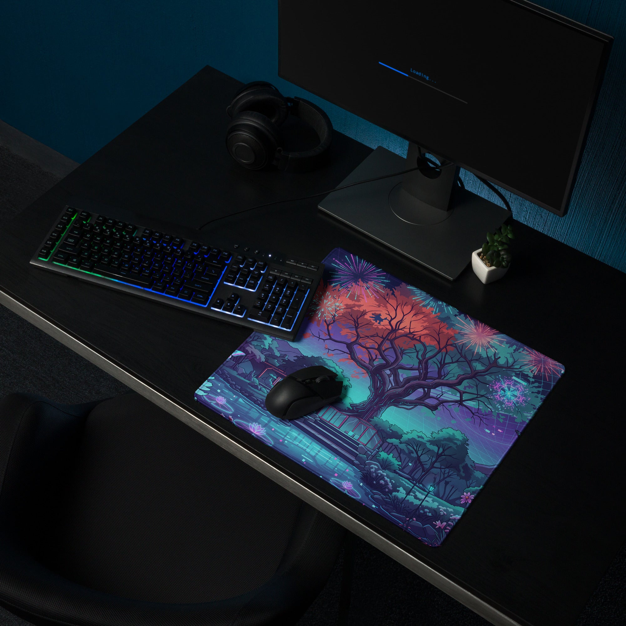 Vaporwave Night Garden Desk Pad - Mouse Pad Purple Pink Gaming Vaporwave Dreamy Neon Synthwave Desk Mat Digital Art