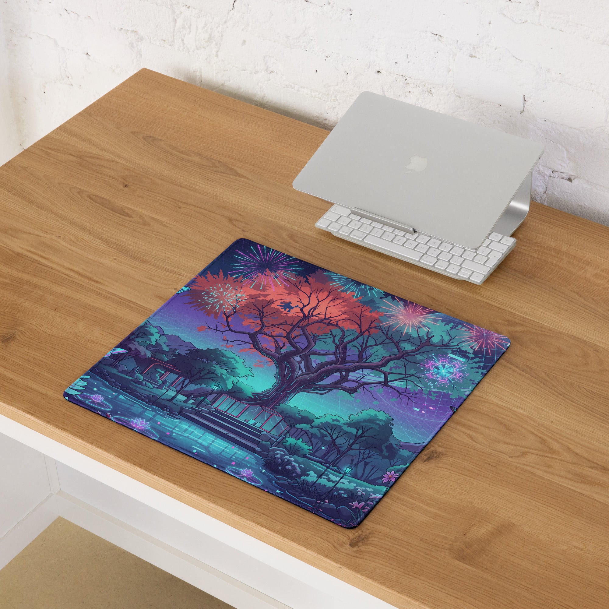 Vaporwave Night Garden Desk Pad - Mouse Pad Purple Pink Gaming Vaporwave Dreamy Neon Synthwave Desk Mat Digital Art