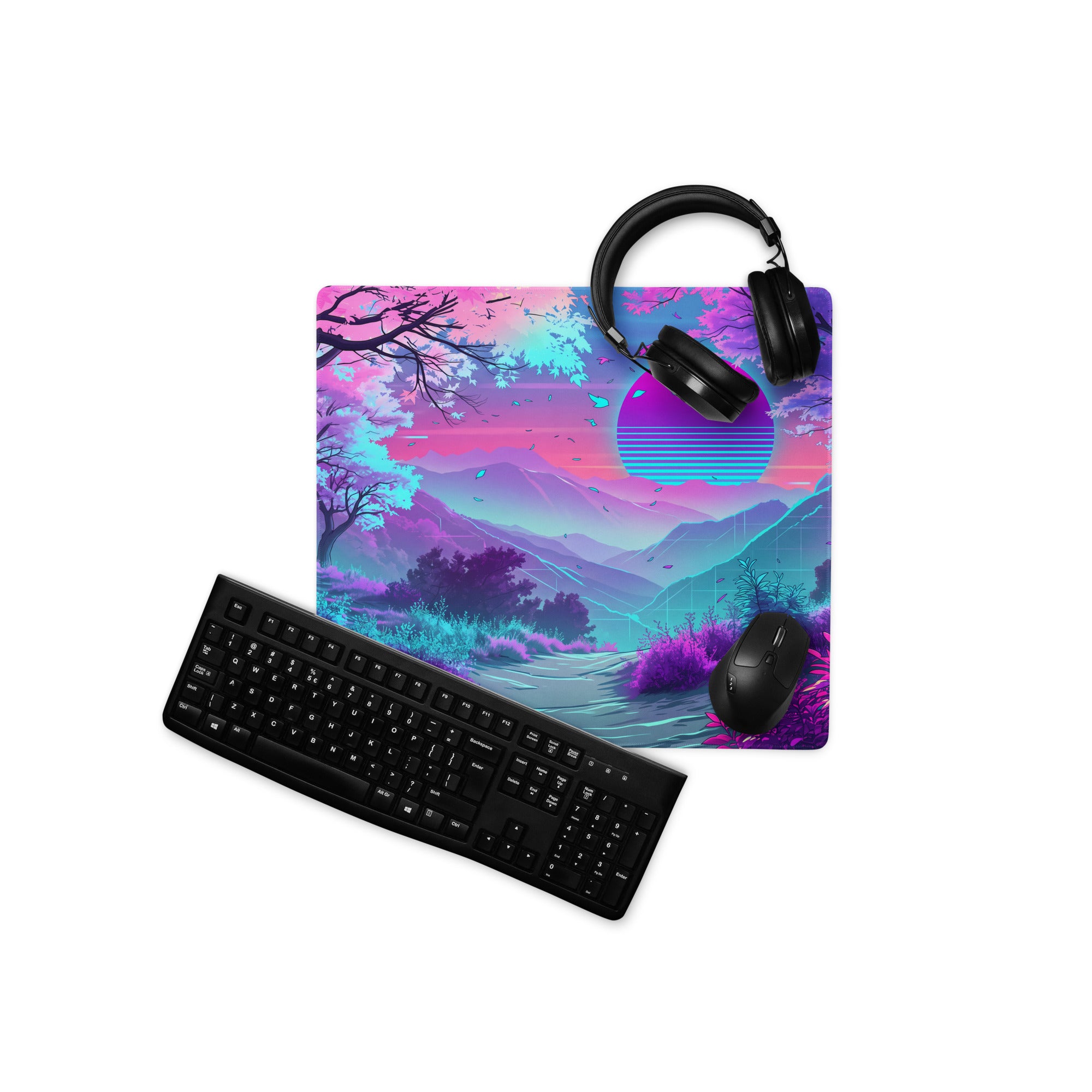 Vaporwave Neon Sunset Mouse Pad - Neon Pink Purple Blue For Gaming Desk - Dreamy Mood Vaporwave Decor Digital Art