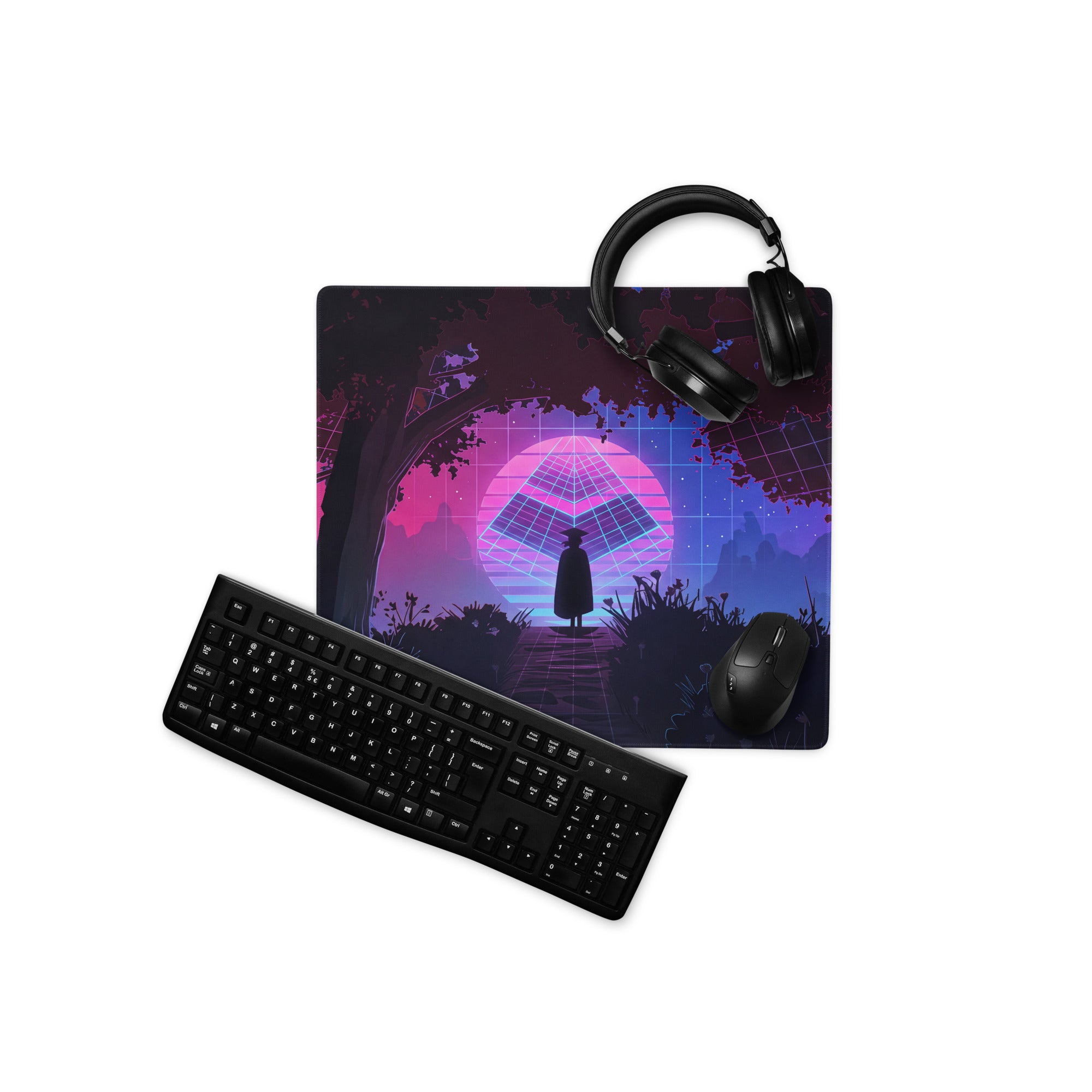 Neon Vaporwave Grid Desk Pad - Mouse Pad Neon Pink Purple Blue Desk Gaming Vaporwave Dreamy Synthwave Mood Cyberpunk