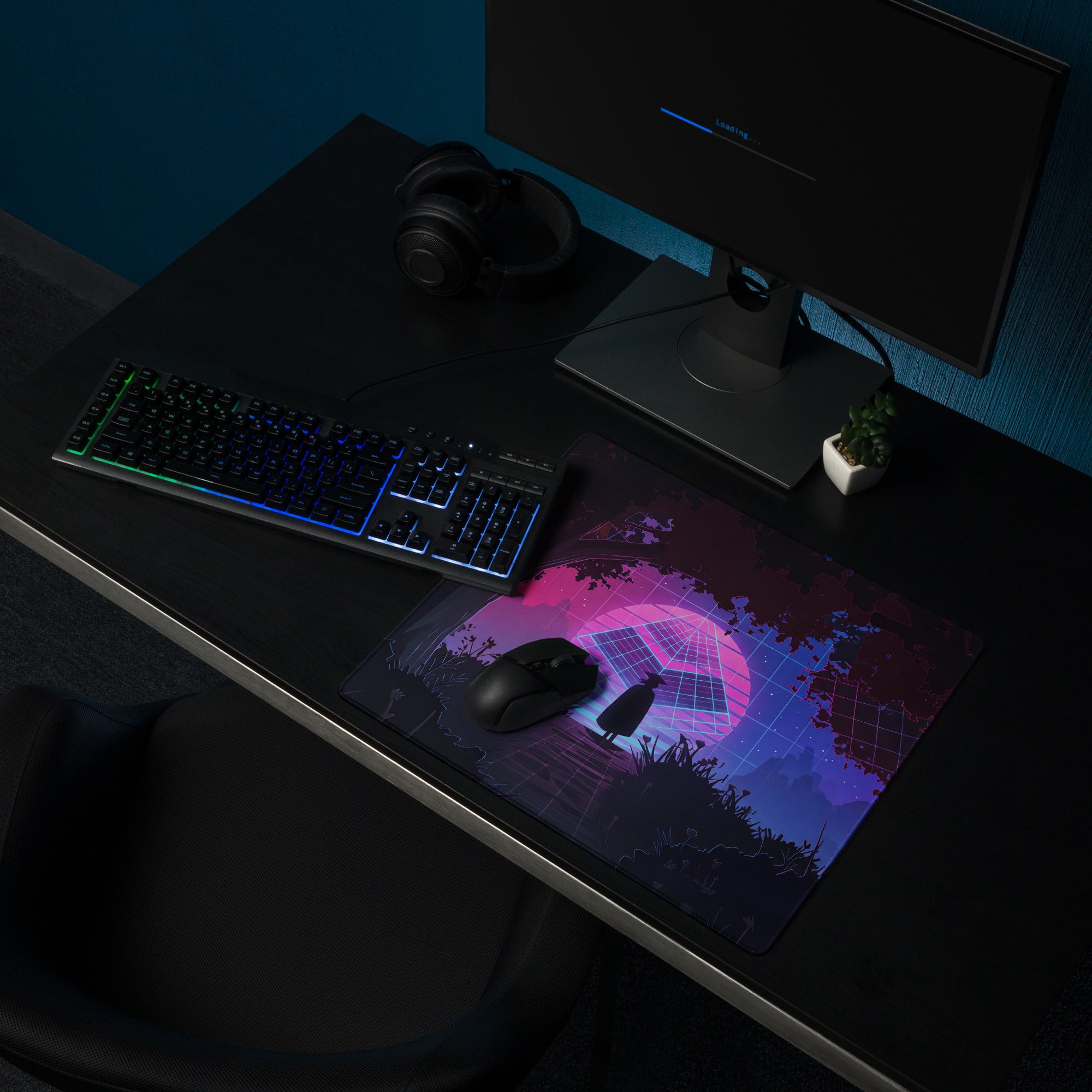 Neon Vaporwave Grid Desk Pad - Mouse Pad Neon Pink Purple Blue Desk Gaming Vaporwave Dreamy Synthwave Mood Cyberpunk