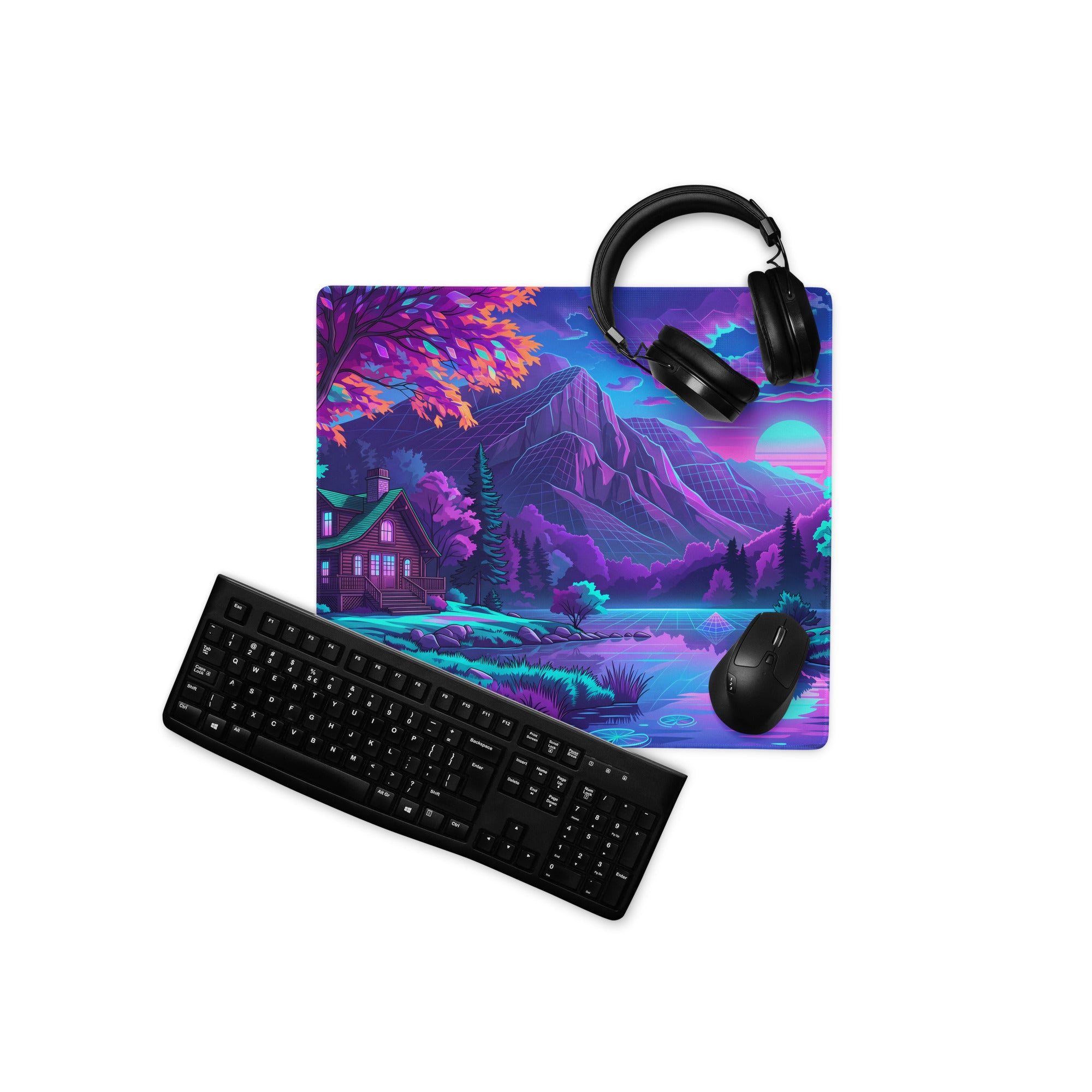 Vaporwave Neon Landscape Pad - Gaming Mouse Pad Pink Blue Desk Vaporwave Neon Mood Retro Futurism Desk Mat Digital