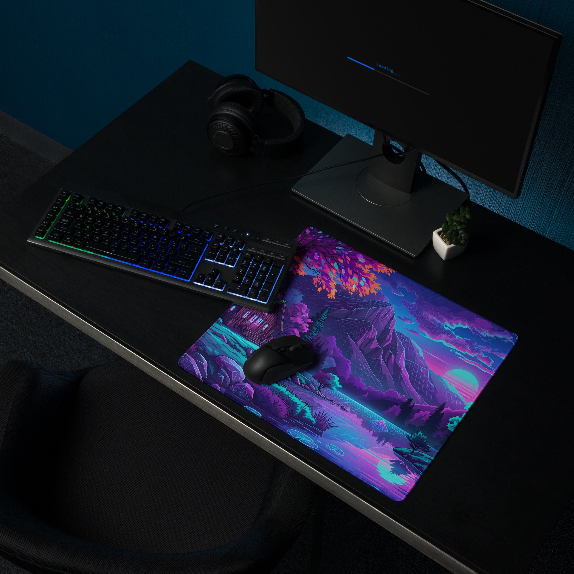 Vaporwave Neon Landscape Pad - Gaming Mouse Pad Pink Blue Desk Vaporwave Neon Mood Retro Futurism Desk Mat Digital