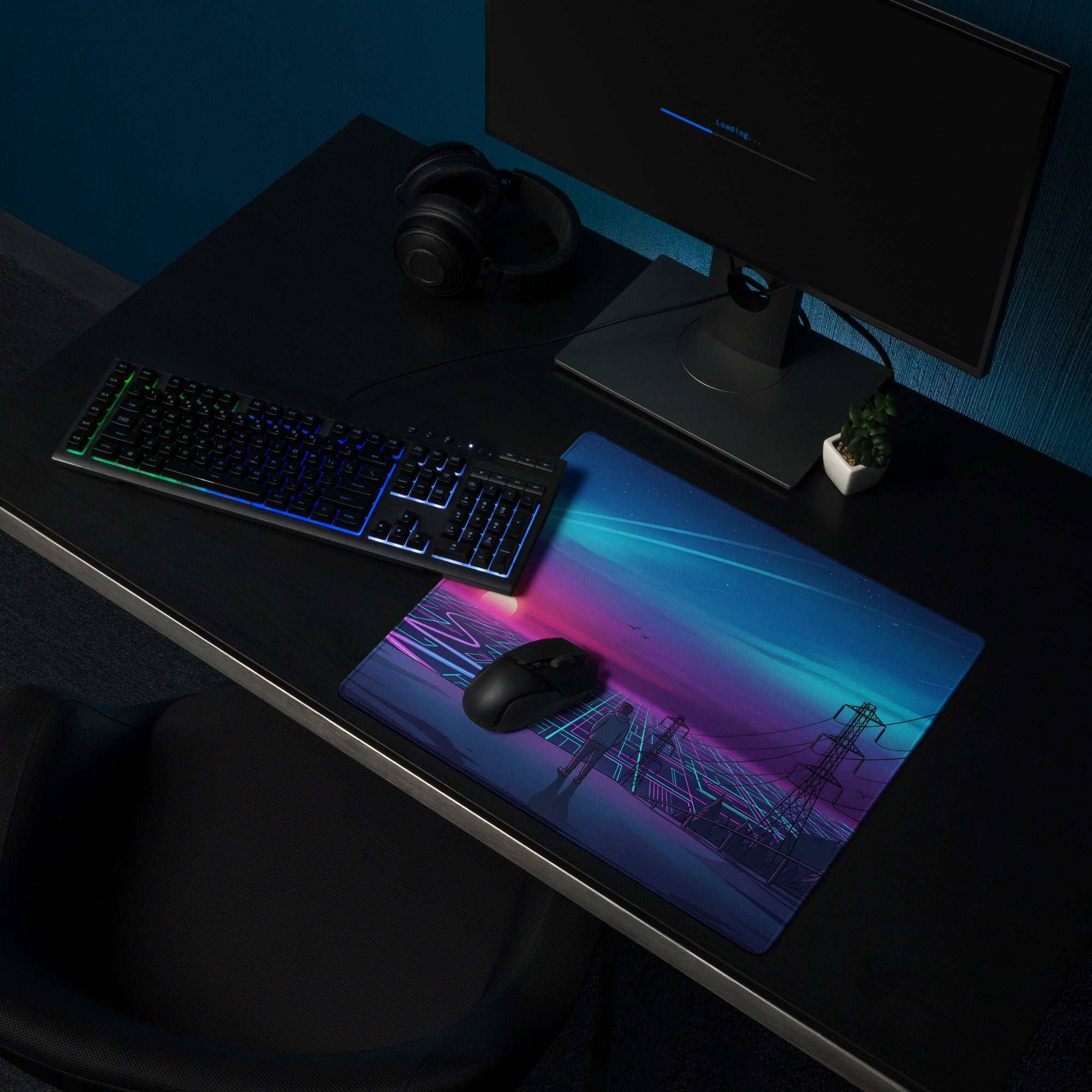 Neon Vaporwave Sunset Mouse Pad - Vaporwave Mouse Pad Blue Purple Desk Setup Retro Dreamy Cyberpunk Desk Mat Digital Art