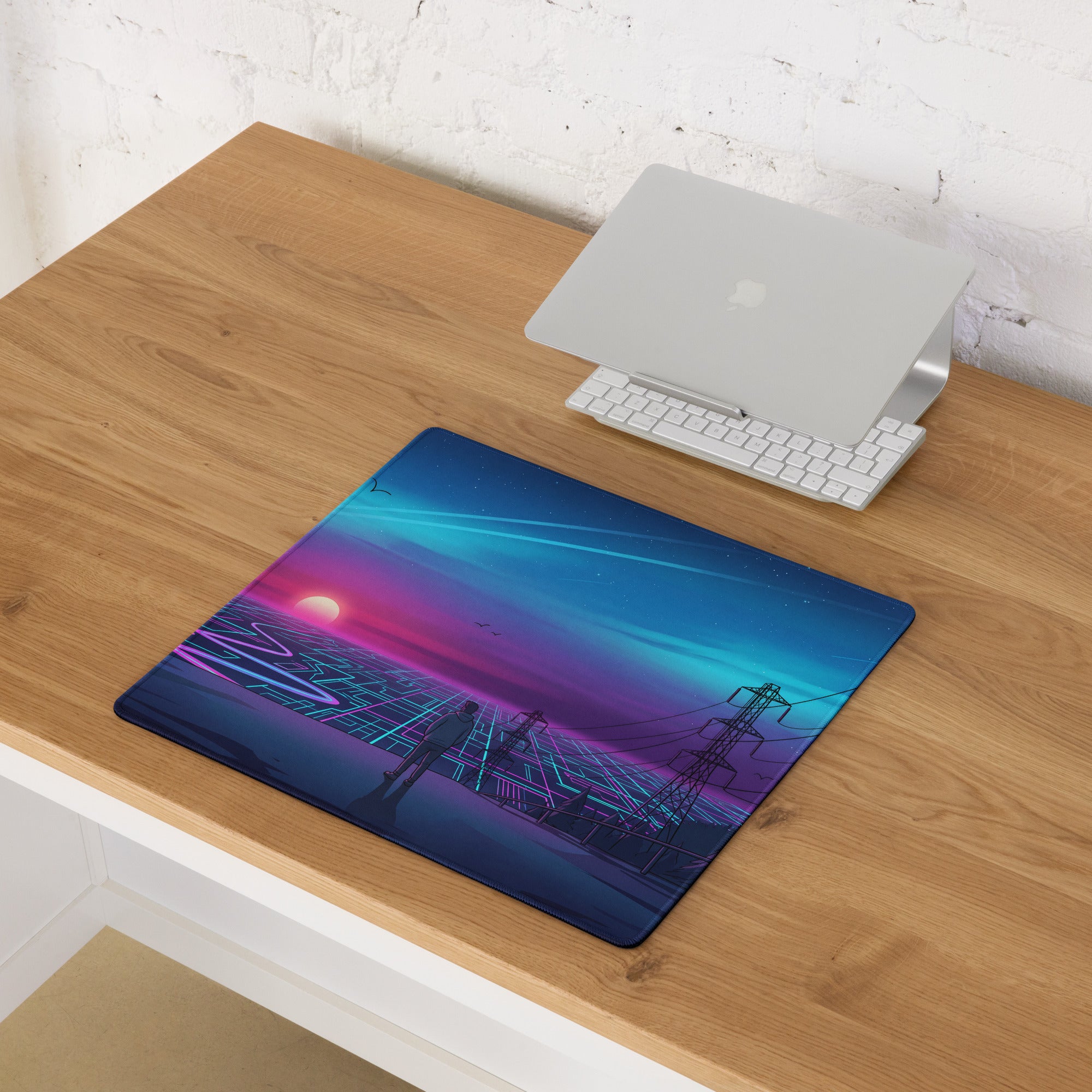 Neon Vaporwave Sunset Mouse Pad - Vaporwave Mouse Pad Blue Purple Desk Setup Retro Dreamy Cyberpunk Desk Mat Digital Art