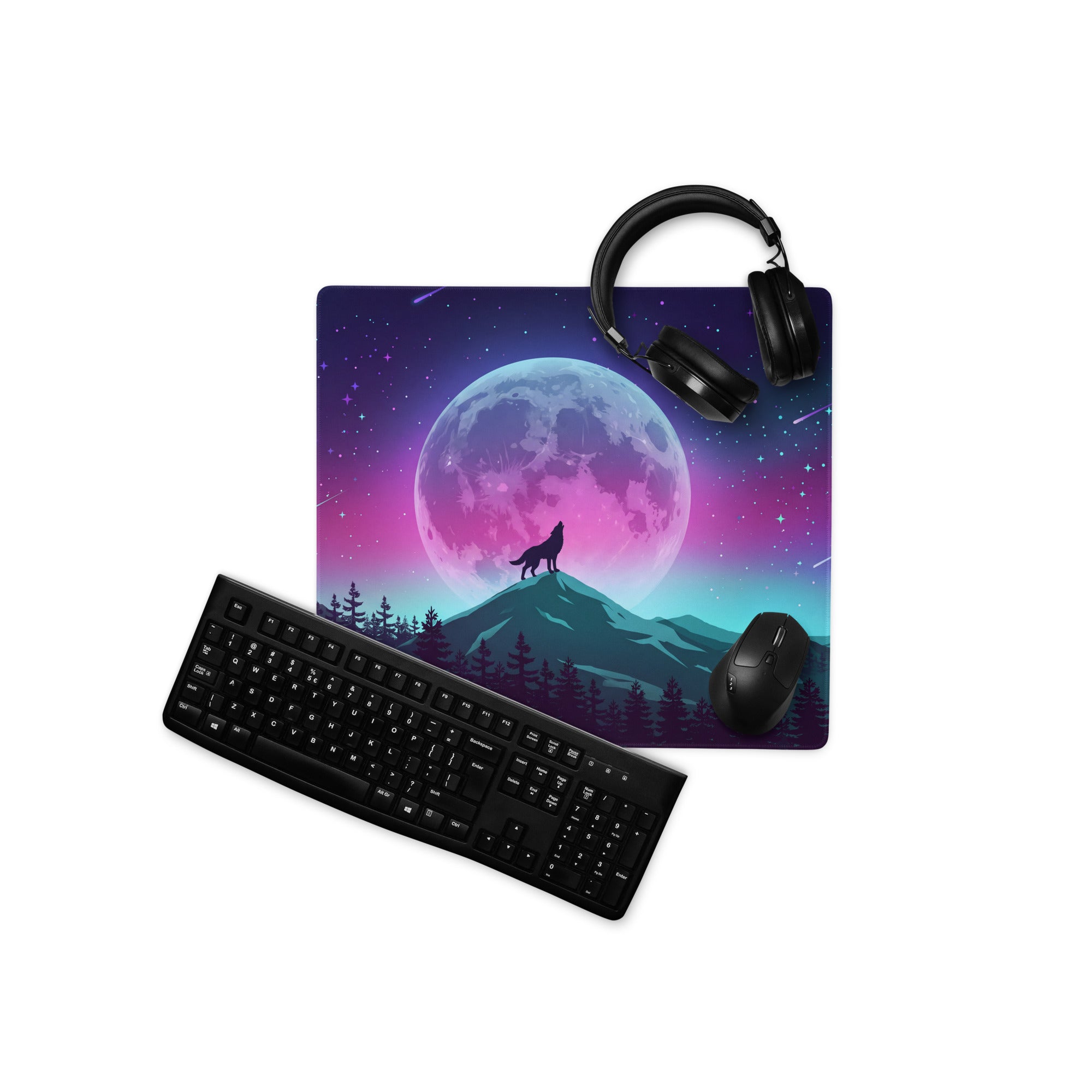 Vaporwave Moon Wolf Desk Pad - Moon Wolf Desk Pad Purple Pink Blue Gaming Mouse Pad Vaporwave Dreamy Mood Neon Futurism