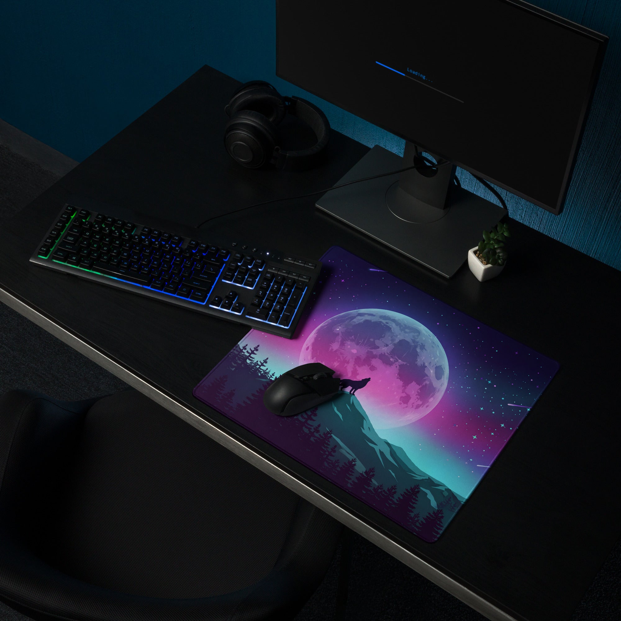 Vaporwave Moon Wolf Desk Pad - Moon Wolf Desk Pad Purple Pink Blue Gaming Mouse Pad Vaporwave Dreamy Mood Neon Futurism