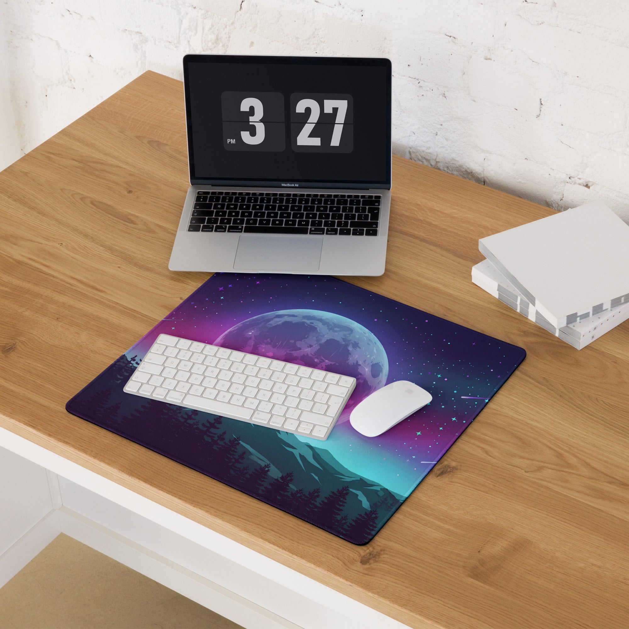 Vaporwave Moon Wolf Desk Pad - Moon Wolf Desk Pad Purple Pink Blue Gaming Mouse Pad Vaporwave Dreamy Mood Neon Futurism