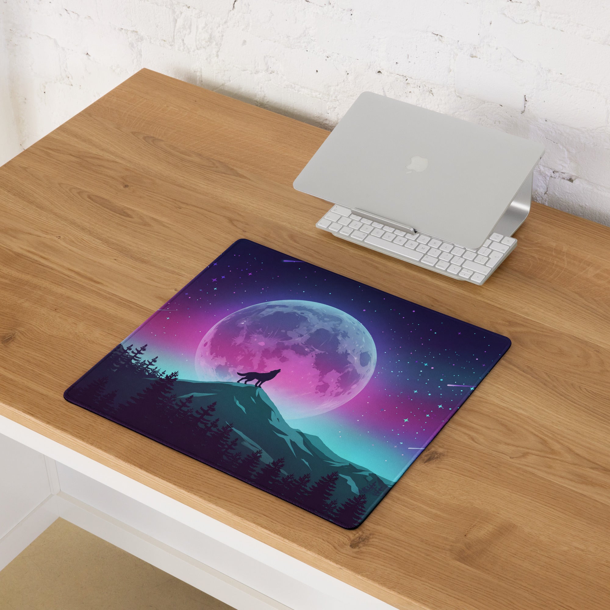 Vaporwave Moon Wolf Desk Pad - Moon Wolf Desk Pad Purple Pink Blue Gaming Mouse Pad Vaporwave Dreamy Mood Neon Futurism