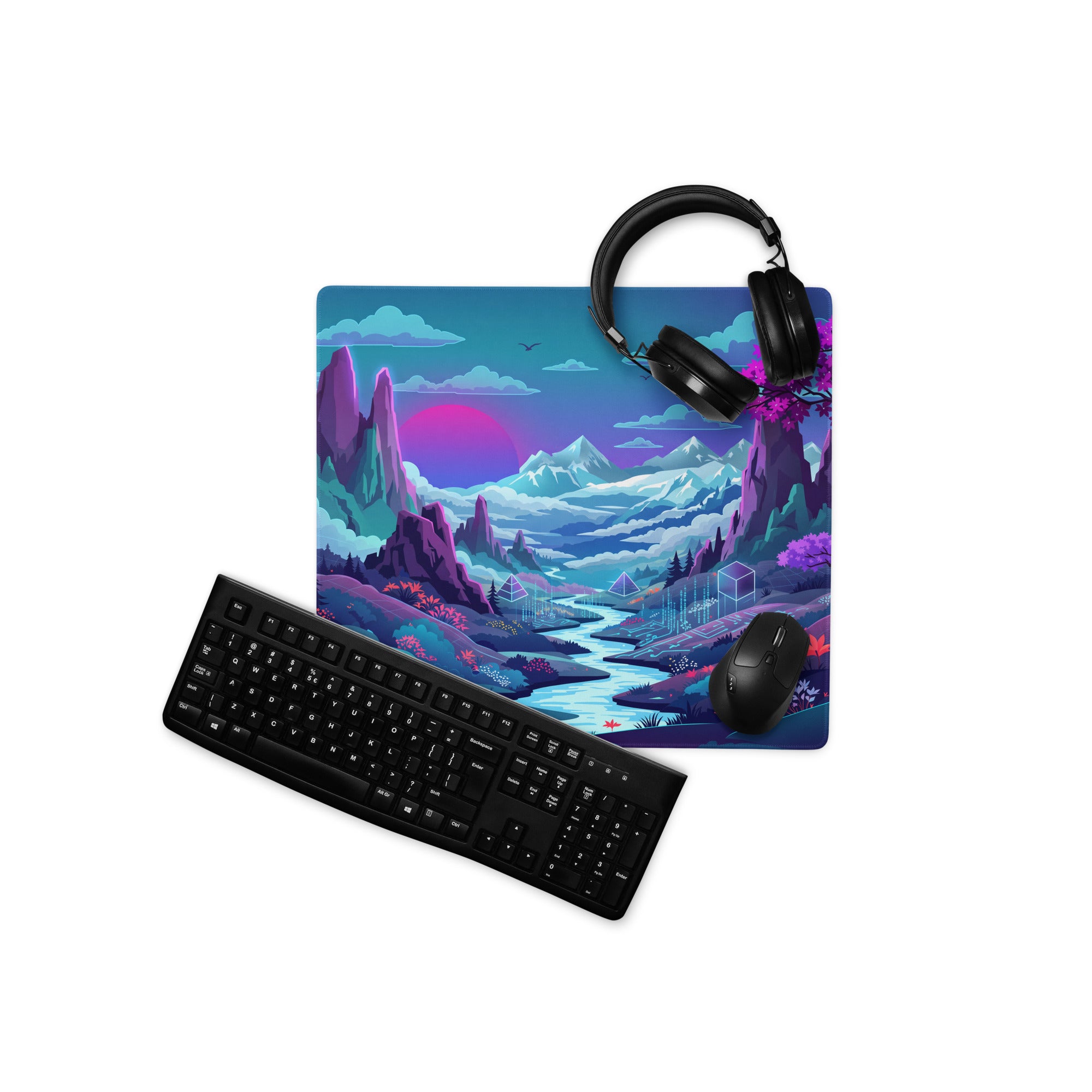 Neon Vaporwave Landscape Mouse Pad - Landscape Desk Neon Purple Pink Blue Vaporwave Dreamy Mood Futuristic Gaming Theme