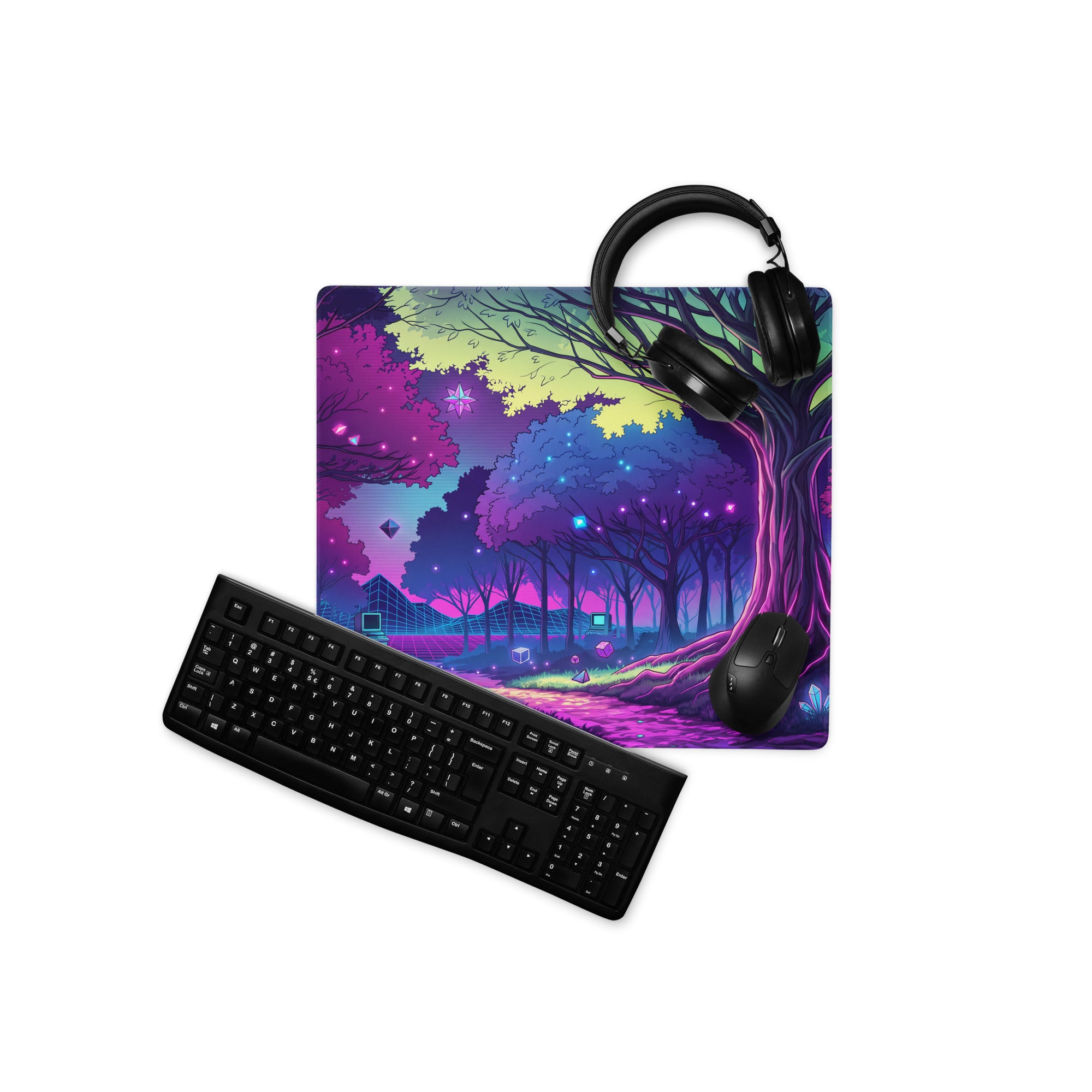 Vaporwave Neon Forest Mouse Pad - Forest Neon Purple Desk Gaming Vaporwave Dreamy Retro Futurism Desk Mat Digital Art