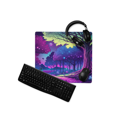 Vaporwave Neon Forest Mouse Pad - Forest Neon Purple Desk Gaming Vaporwave Dreamy Retro Futurism Desk Mat Digital Art