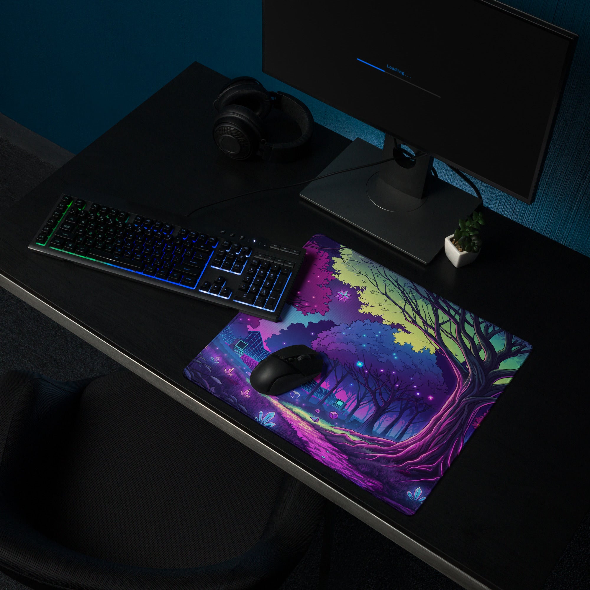 Vaporwave Neon Forest Mouse Pad - Forest Neon Purple Desk Gaming Vaporwave Dreamy Retro Futurism Desk Mat Digital Art