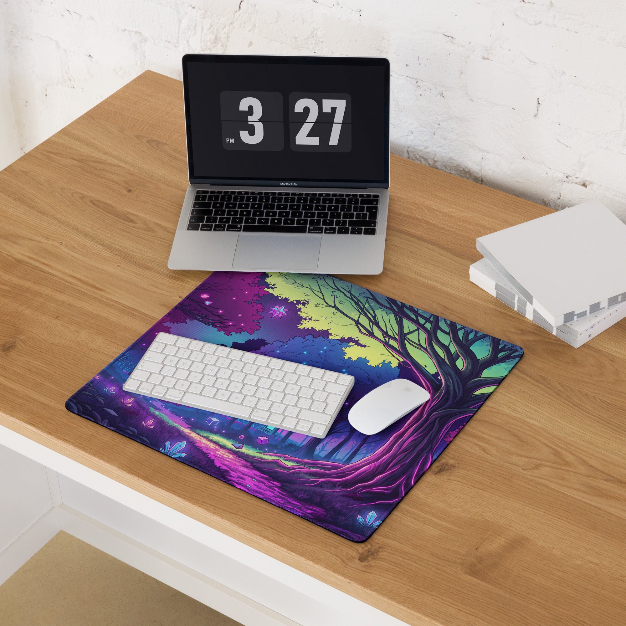 Vaporwave Neon Forest Mouse Pad - Forest Neon Purple Desk Gaming Vaporwave Dreamy Retro Futurism Desk Mat Digital Art