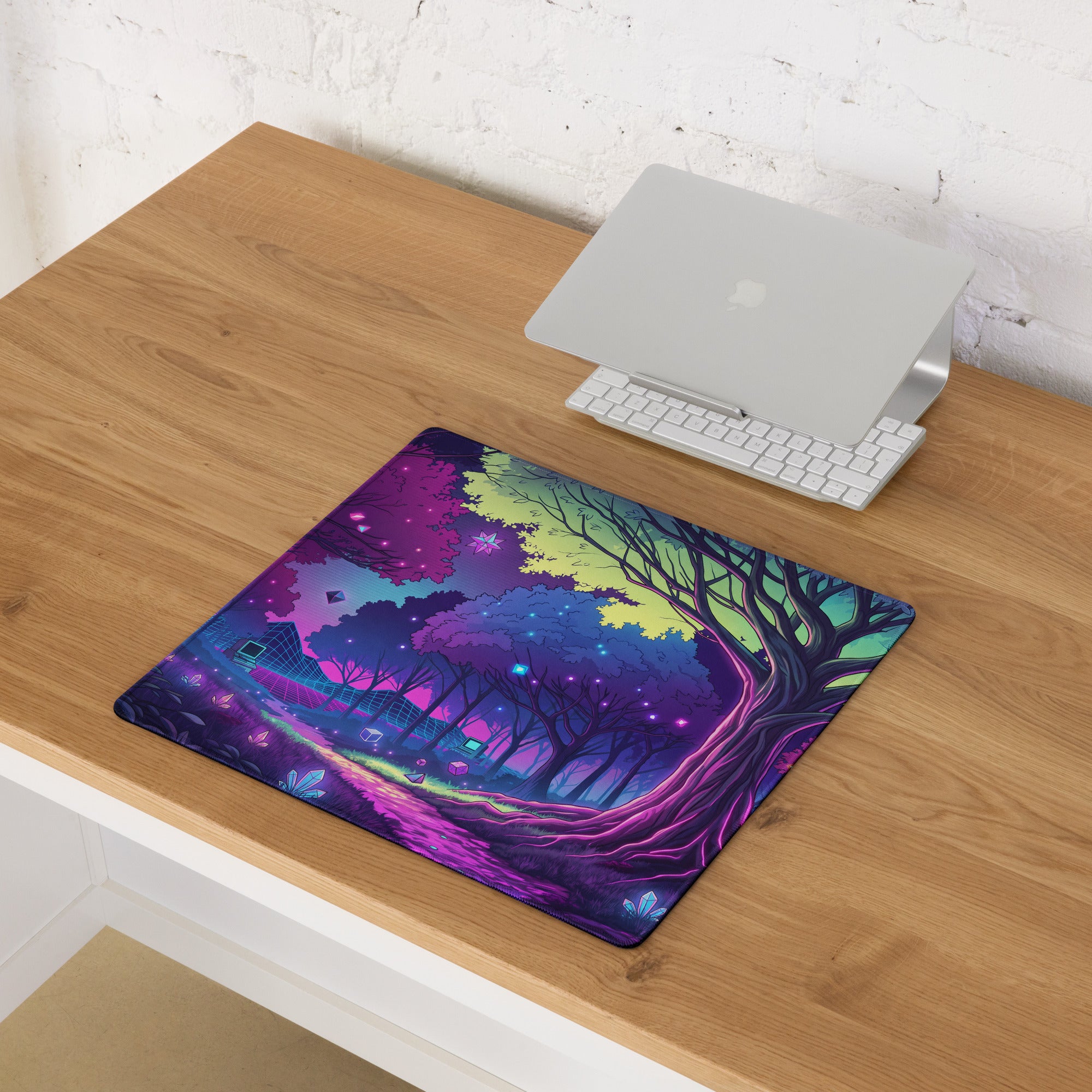 Vaporwave Neon Forest Mouse Pad - Forest Neon Purple Desk Gaming Vaporwave Dreamy Retro Futurism Desk Mat Digital Art
