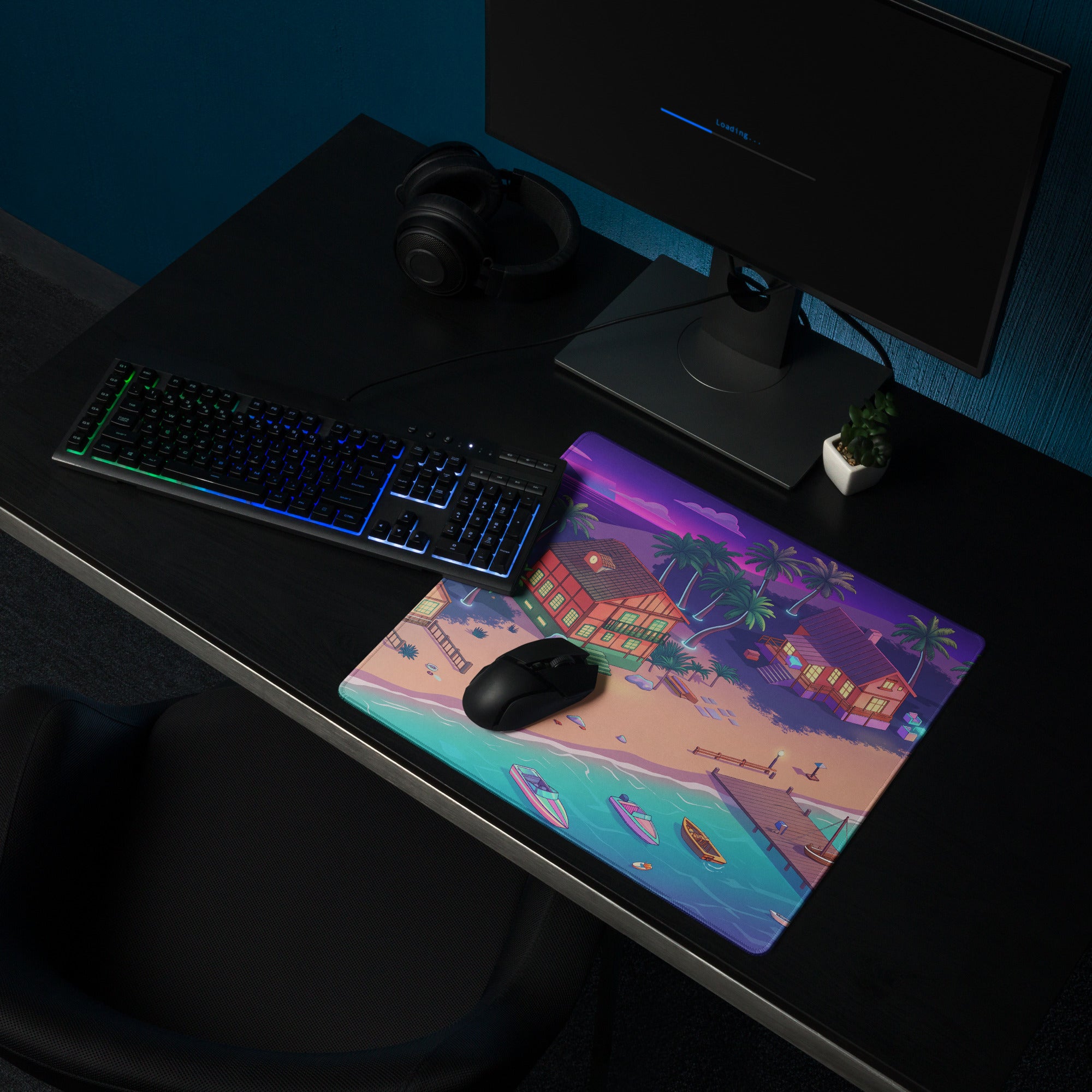 Vaporwave Beachscape Mouse Pad - Mouse Pad Purple Pink Cyan Home Office Dreamy Neon Retro Aesthetic Digital Illustration