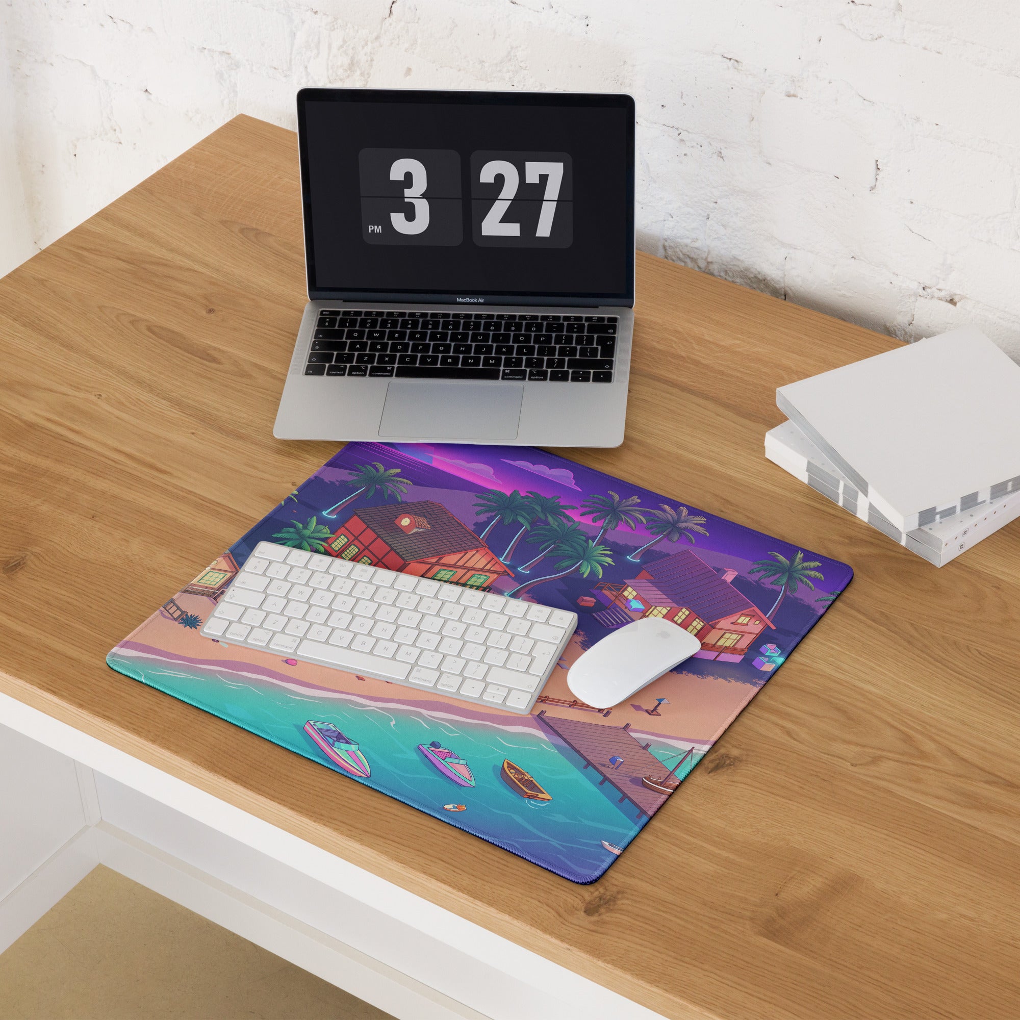 Vaporwave Beachscape Mouse Pad - Mouse Pad Purple Pink Cyan Home Office Dreamy Neon Retro Aesthetic Digital Illustration